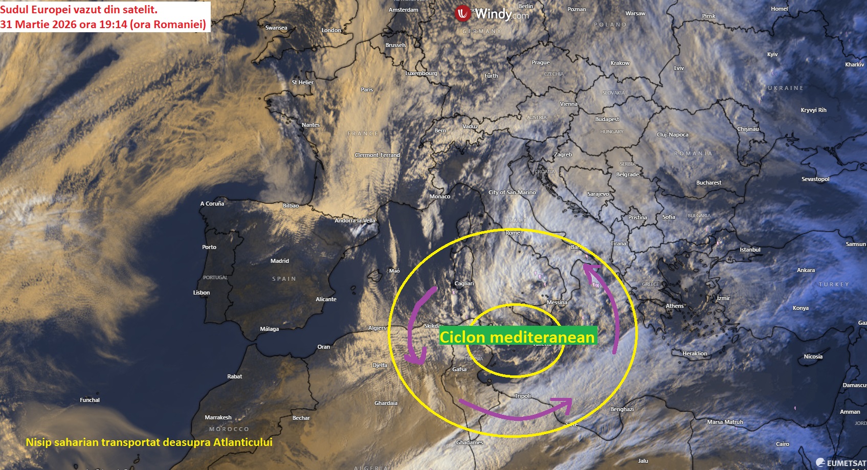 Sudul Europei văzut din satelit în data de 31 Martie 2026, ora 19:14 (ora României)