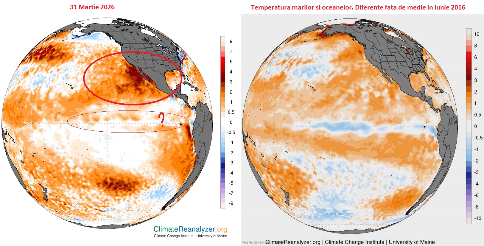 Comparație între Martie 2026 și Iunie 2016 în ceea ce privește temperatura apei
