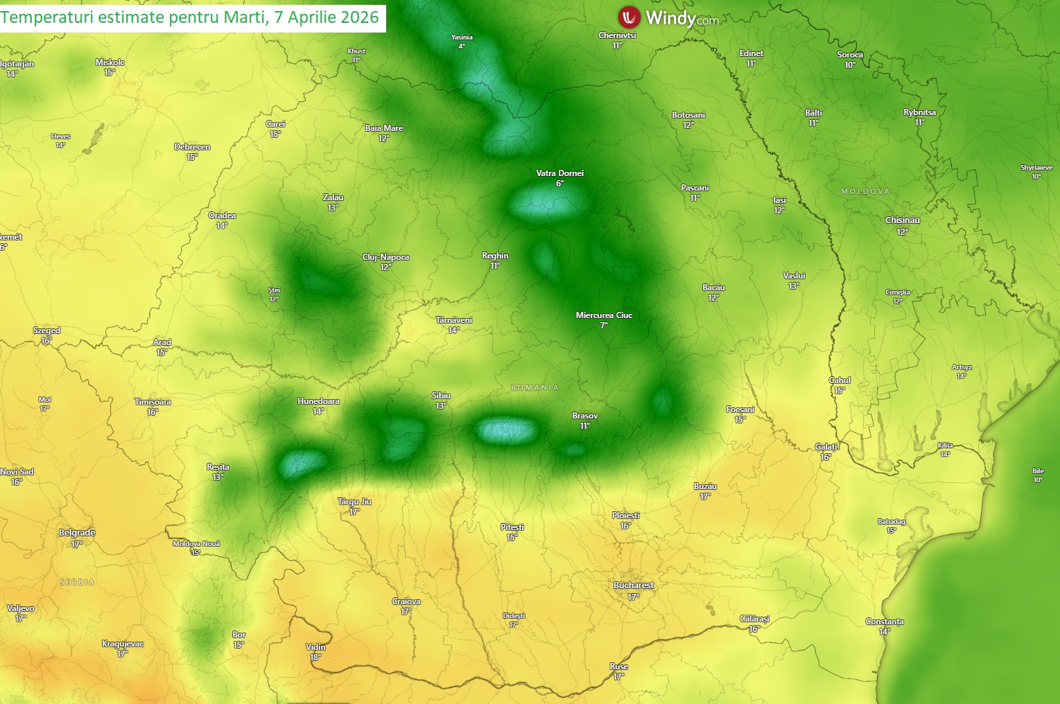 Temperaturi estimate pentru Marți, 7 Aprilie 2026