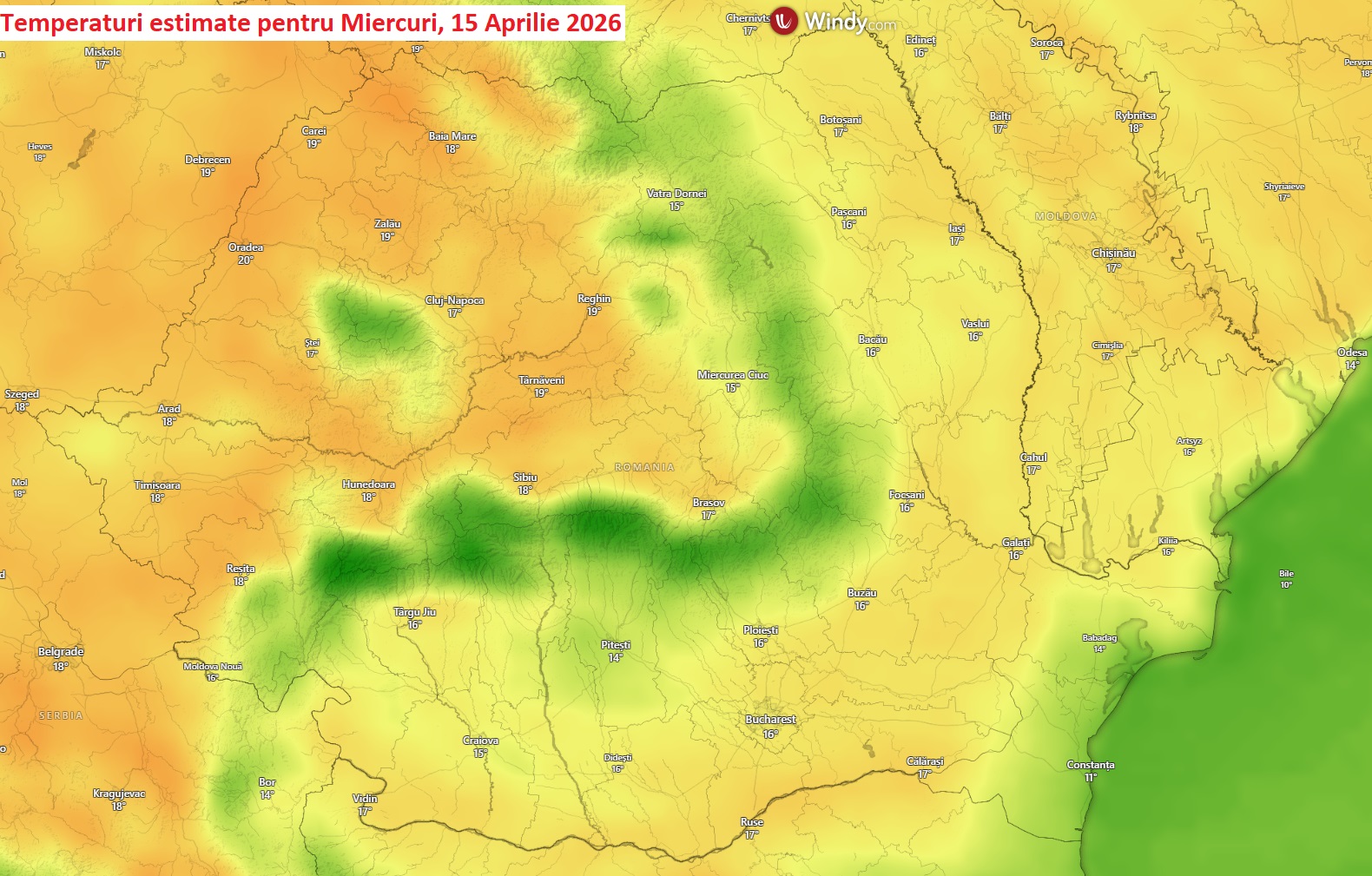 Temperaturi estimate pentru ziua de Miercuri, 15 Aprilie 2026