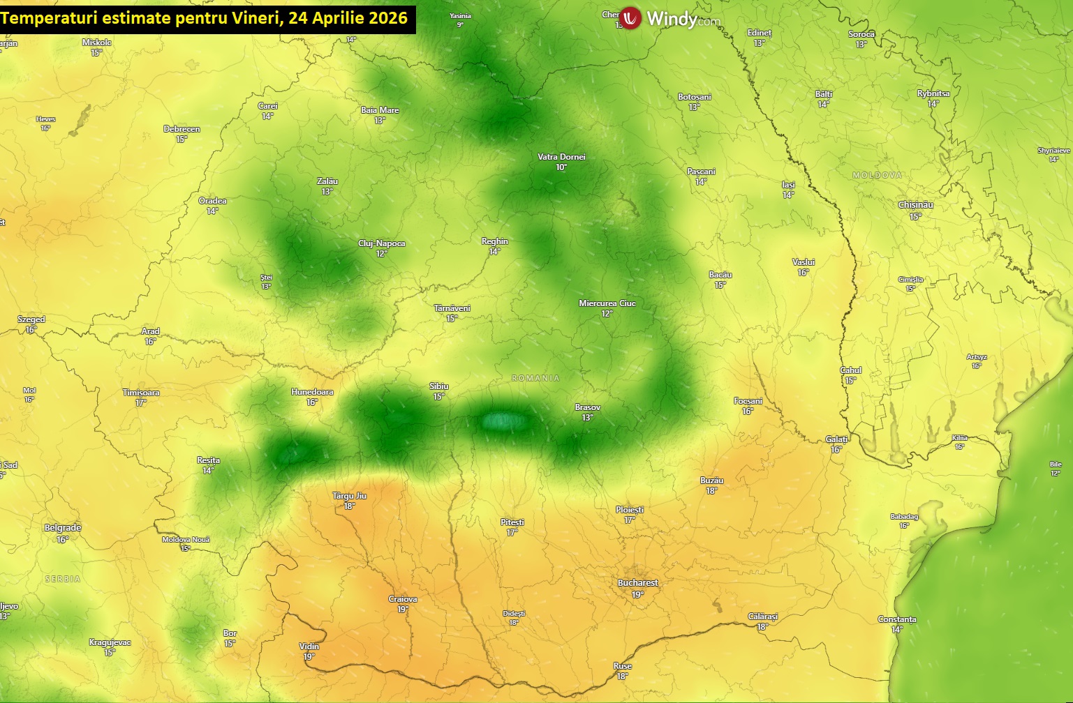 Temperaturi estimate pentru vineri, 24 aprilie 2026