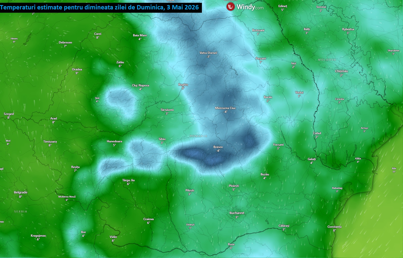 Temperaturi minime estimate pentru dimineața zilei de Duminică, 3 Mai 2026