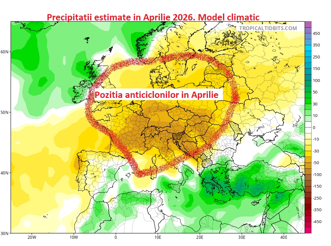 Precipitatii estimate in Aprilie 2026. Diferente fata de medie.