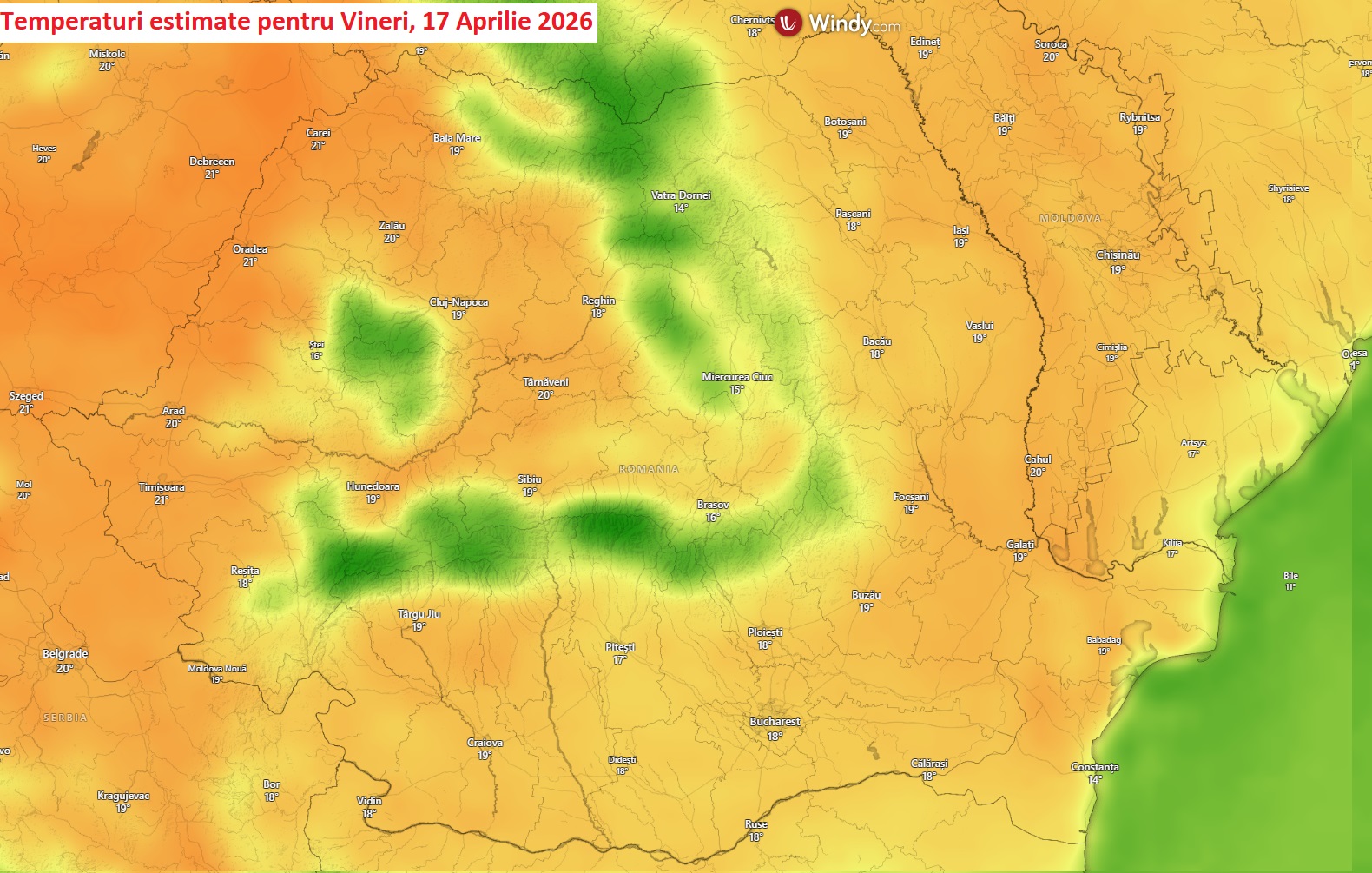 Temperaturi estimate pe parcursul zilei de Vineri, 17 Aprilie 2026