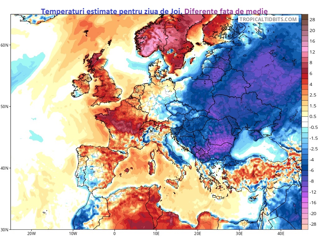 Temperaturi estimate pentru ziua de Joi. Diferențe față de medie