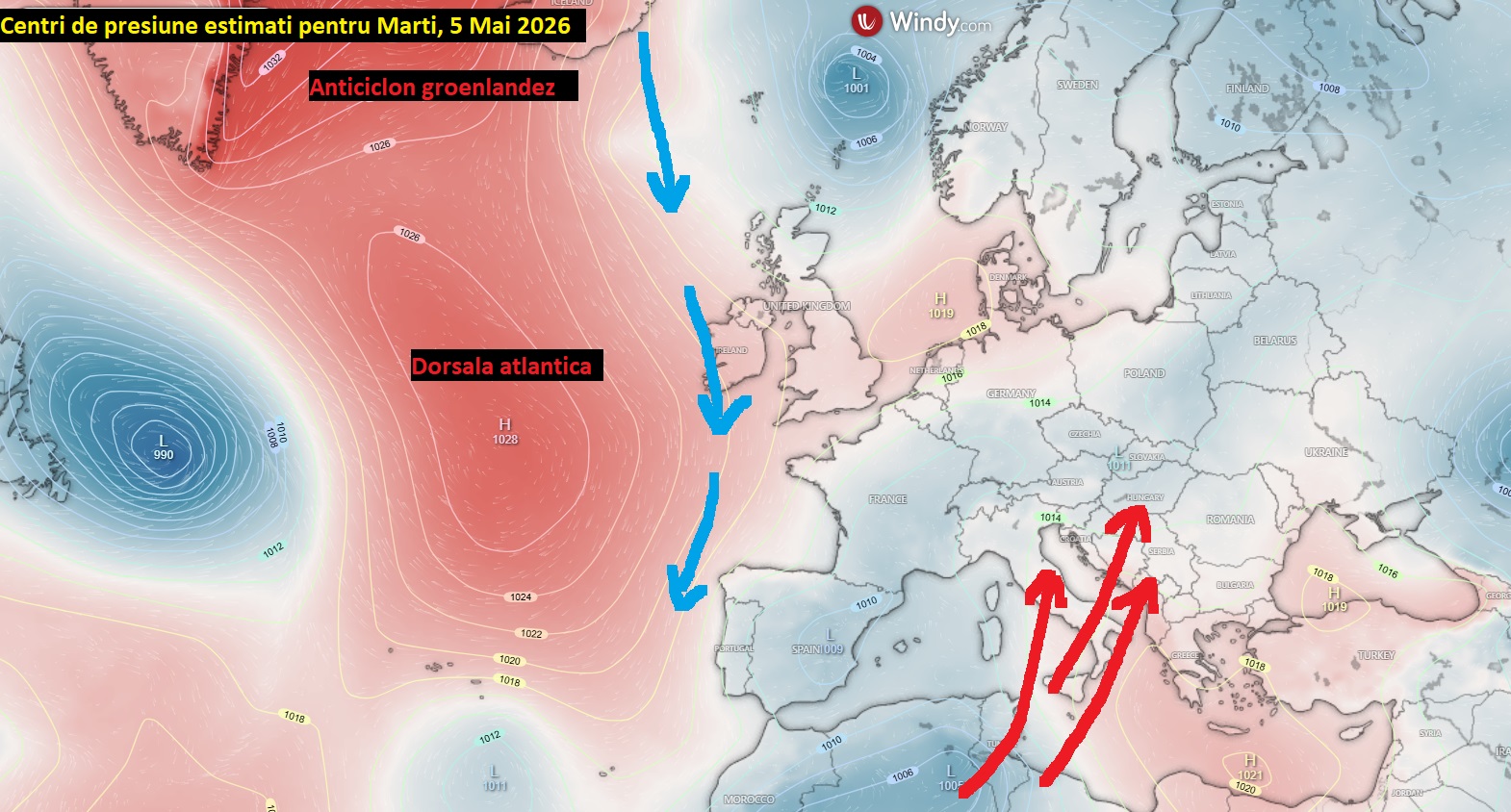 Centri de presiune estimati pentru Marti, 5 Mai 2026