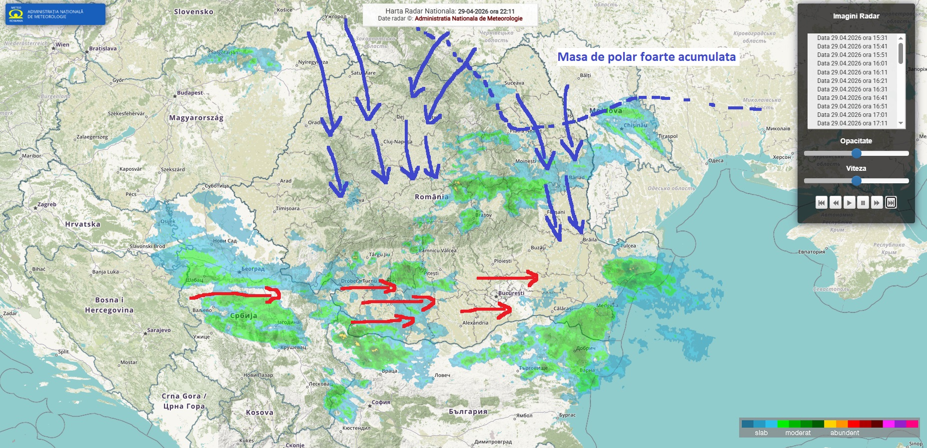 Schita pe harta radar a ANM. 29 Aprilie 2026