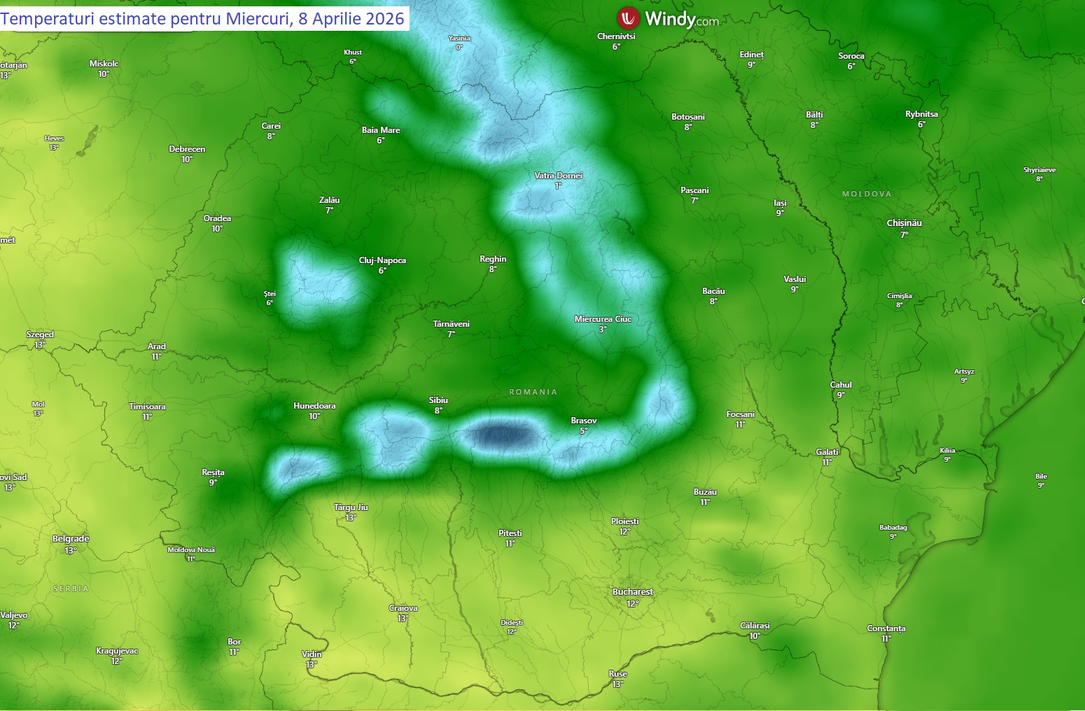 Temperaturi estimate pentru Miercuri, 8 Aprilie 2026