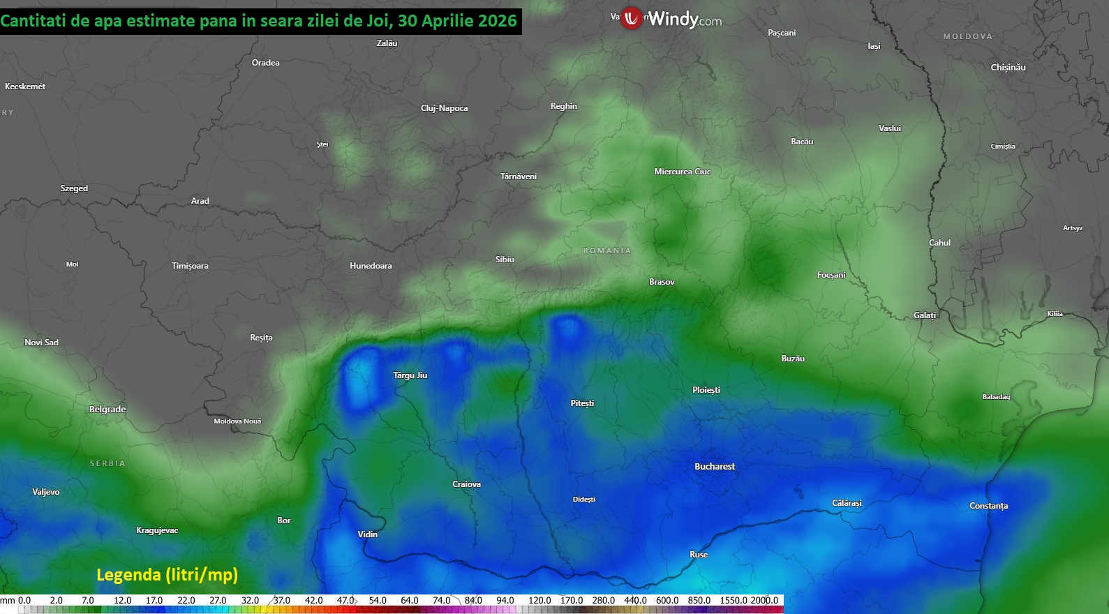 Cantități de apă estimate până în seara zilei de joi, 30 aprilie 2026