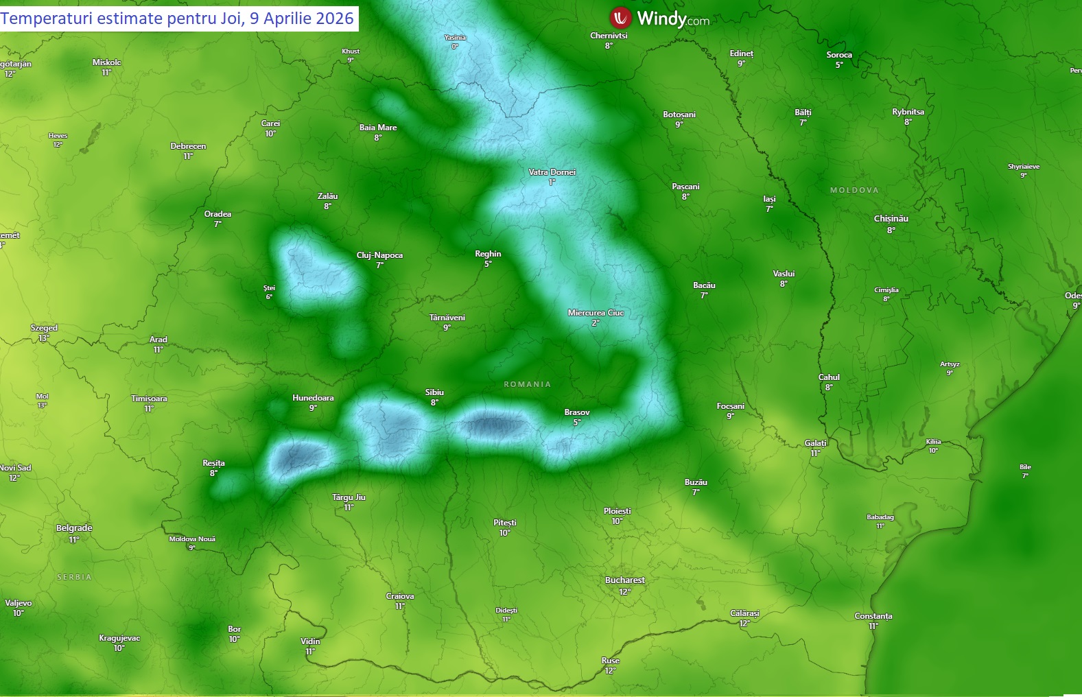 Temperaturi estimate pentru ziua de Joi, 9 Aprilie 2026