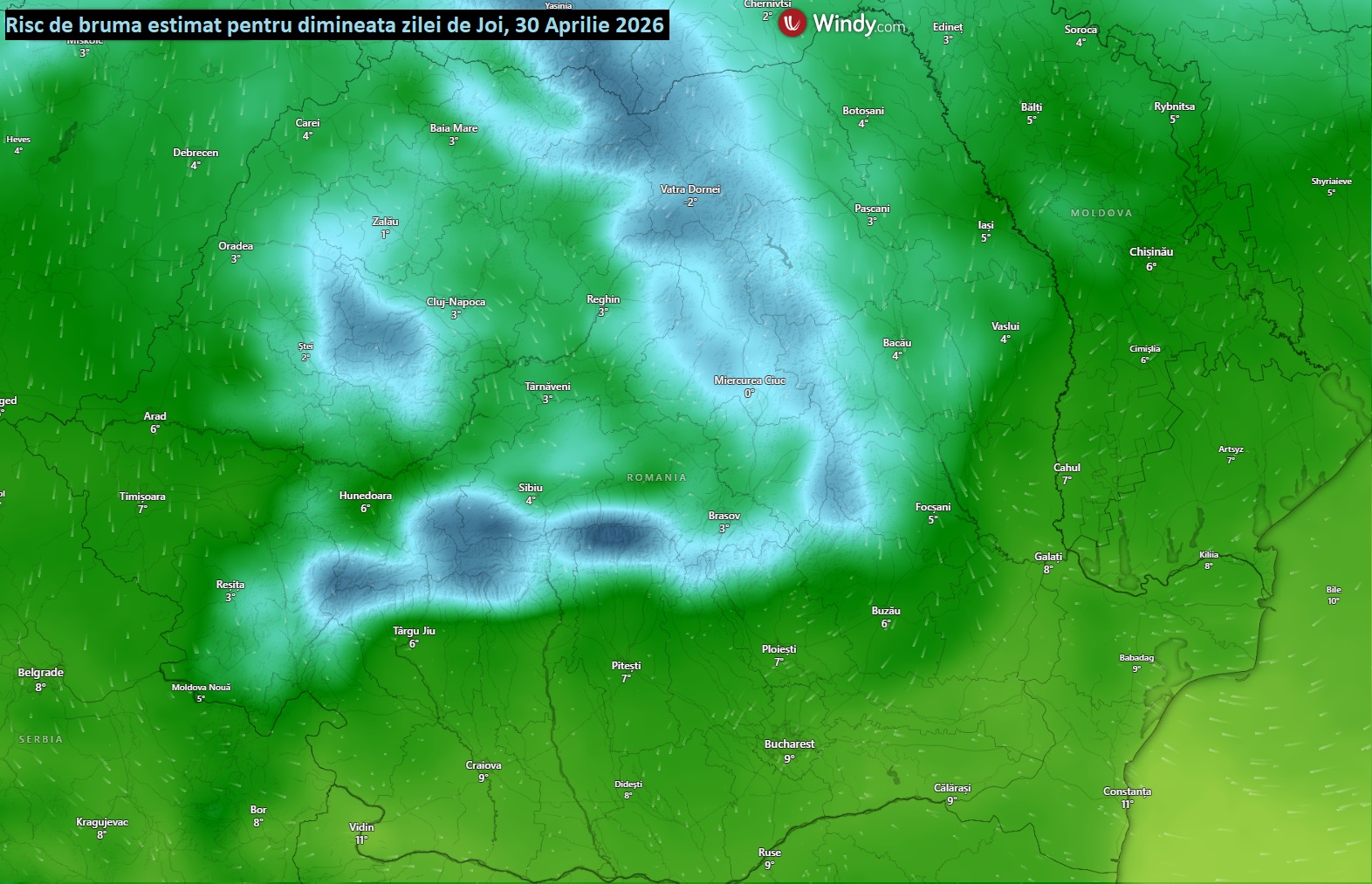 Temperaturi estimate pentru dimineața zilei de Joi, 30 Aprilie 2026
