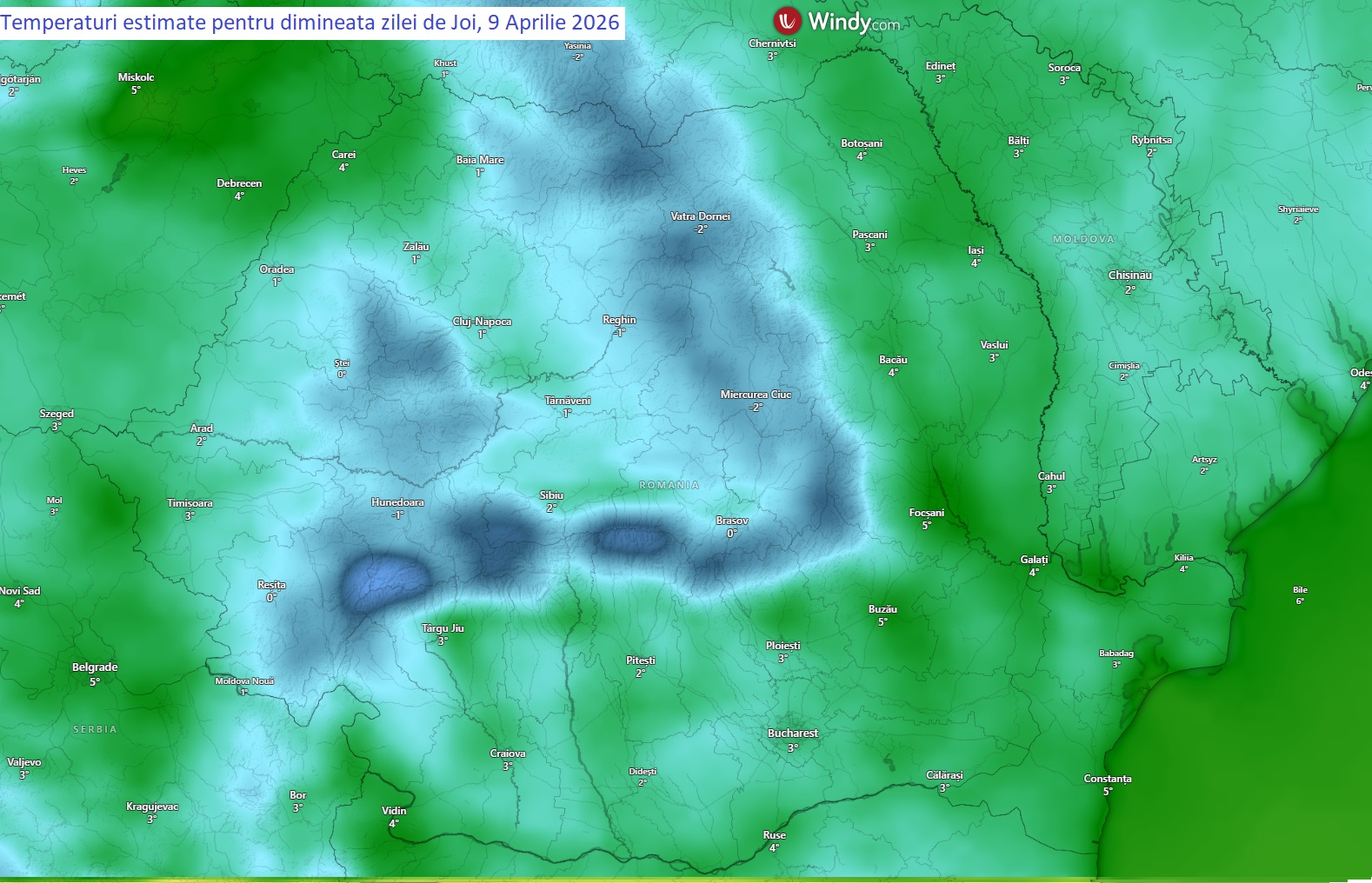 Temperaturi estimate pentru dimineața zilei de Joi, 9 Aprilie 2026