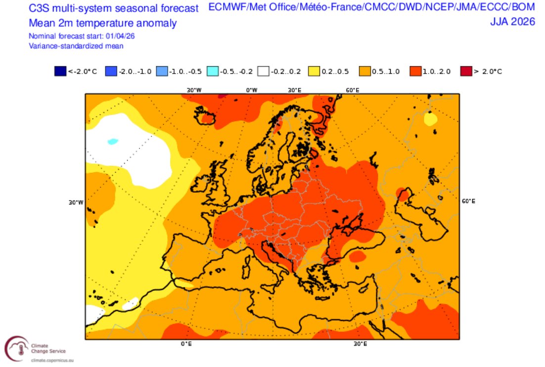 Temperaturi estimate pentru vara anului 2026. Ansamblu de modele C3S