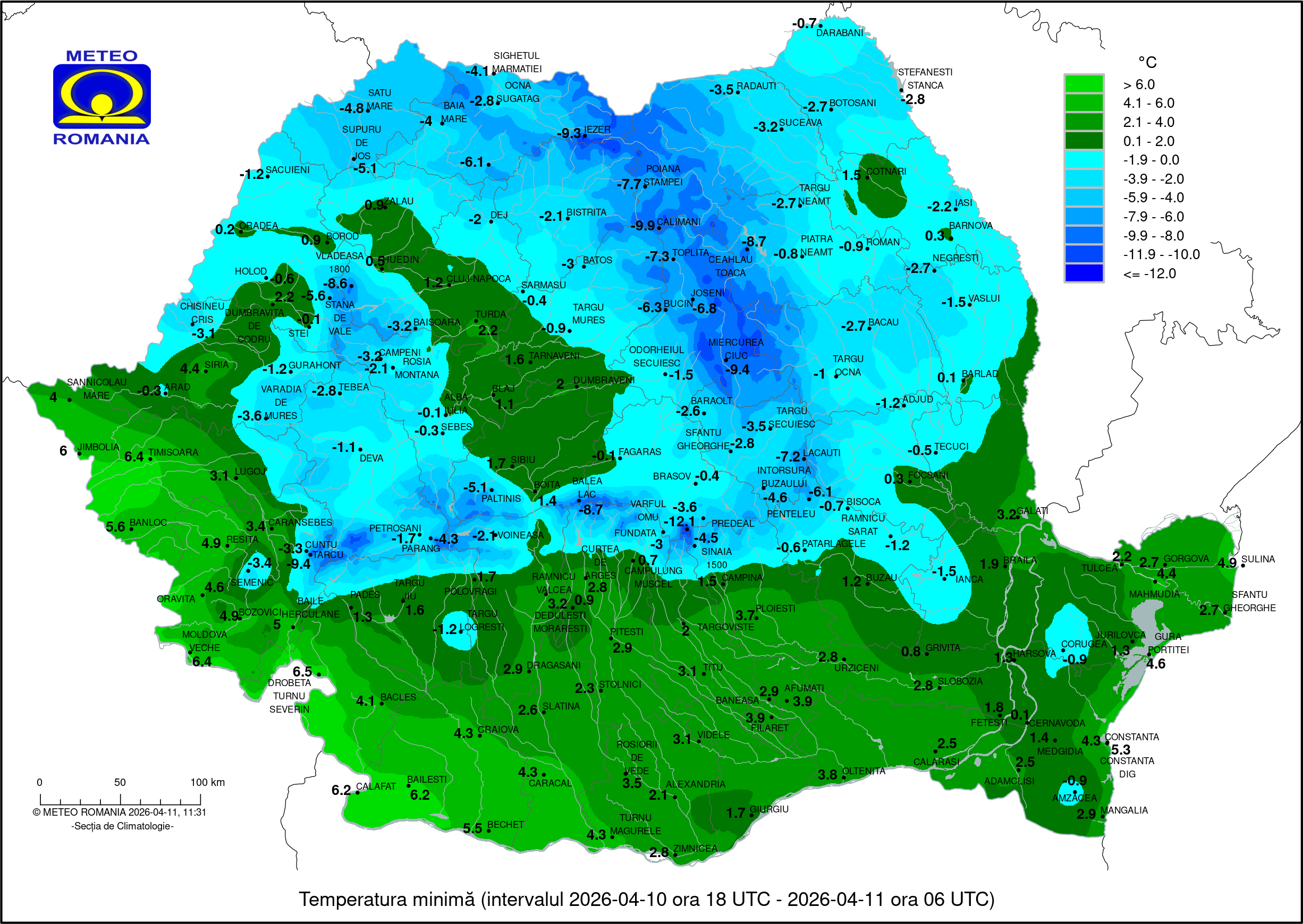 Temperaturile minime, inregistrate Sambata dimineata