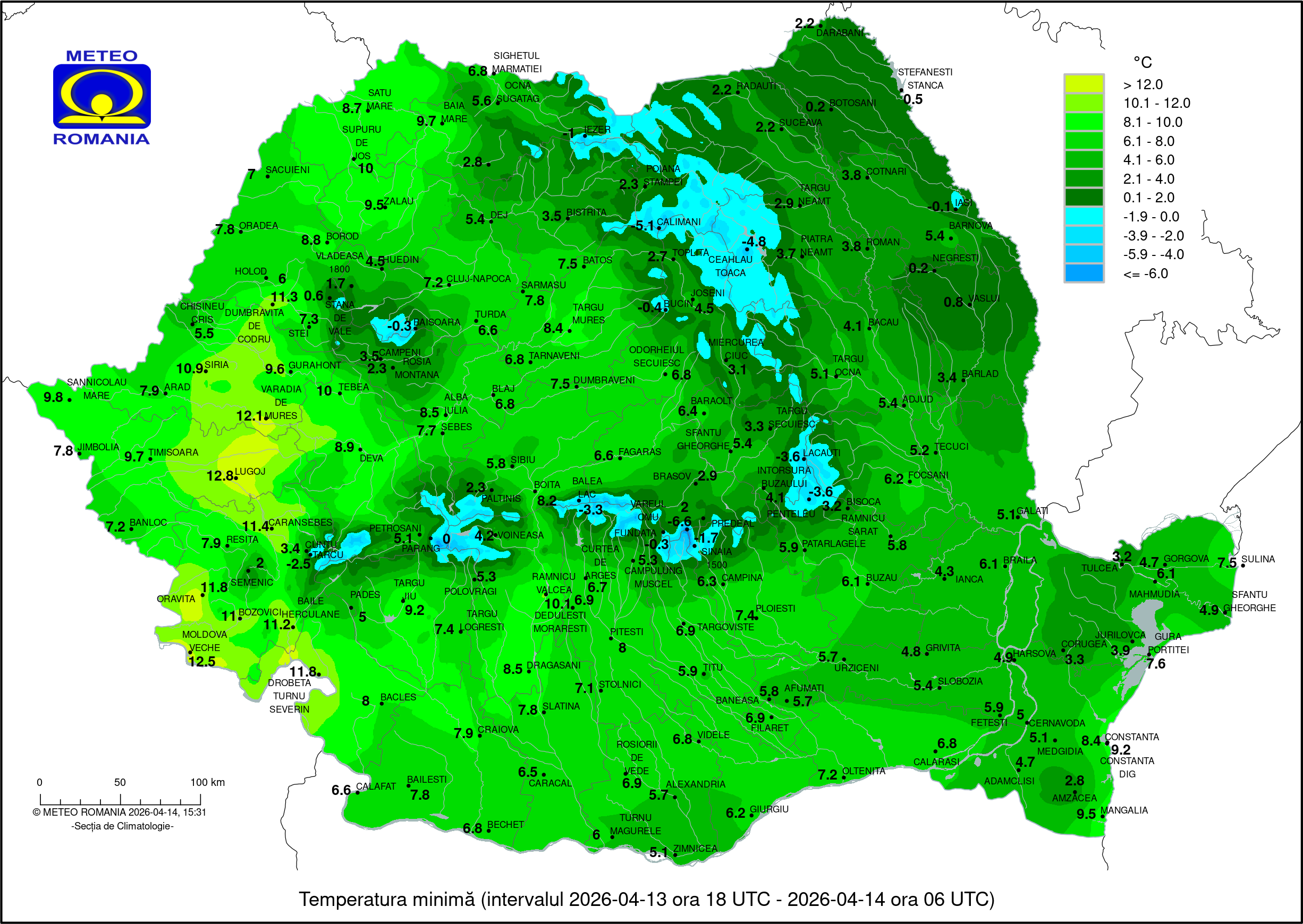 Temperatura minima, inregistrata in noaptea de Luni spre Marti 13-14 Aprilie 2026