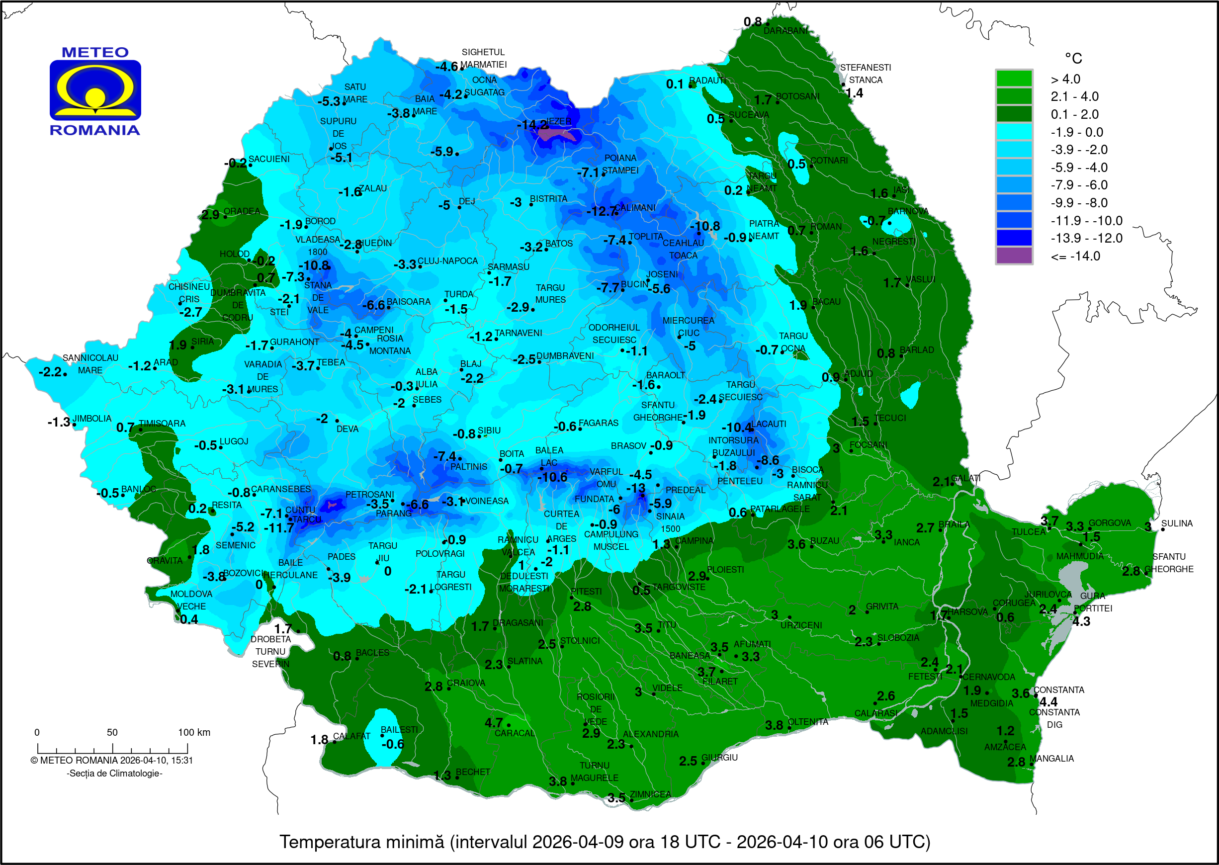 Temperaturi minime inregistrate in dimineata zilei de 10 Aprilie 2026