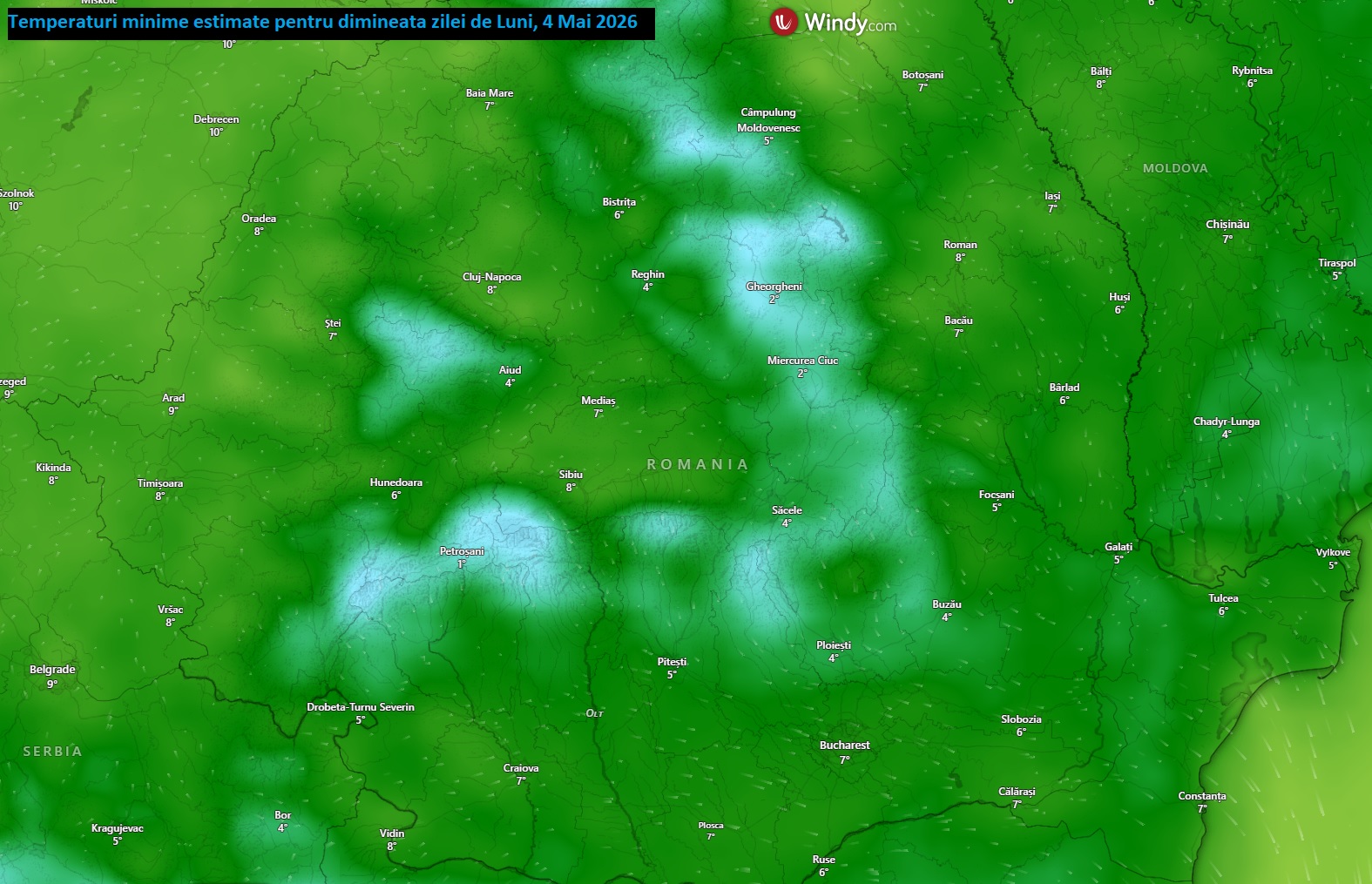 Temperaturi minime, estimate pentru dimineața zilei de luni, 4 mai 2026