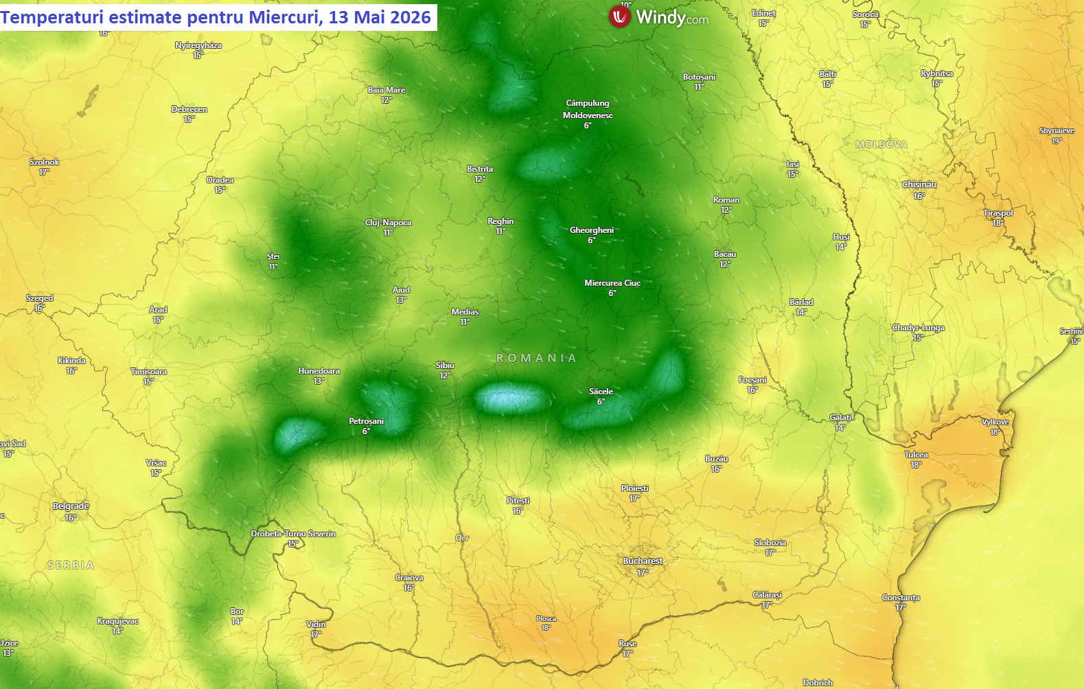 Temperaturi estimate pentru Miercuri, 13 Mai 2026