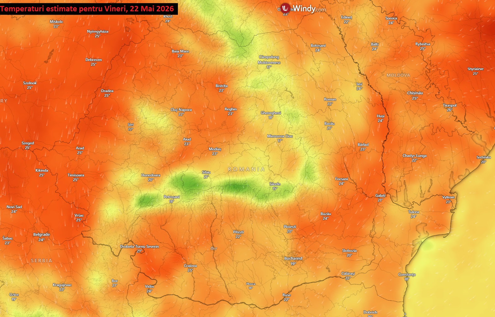 Temperaturi estimate pentru Vineri, 22 Mai 2026