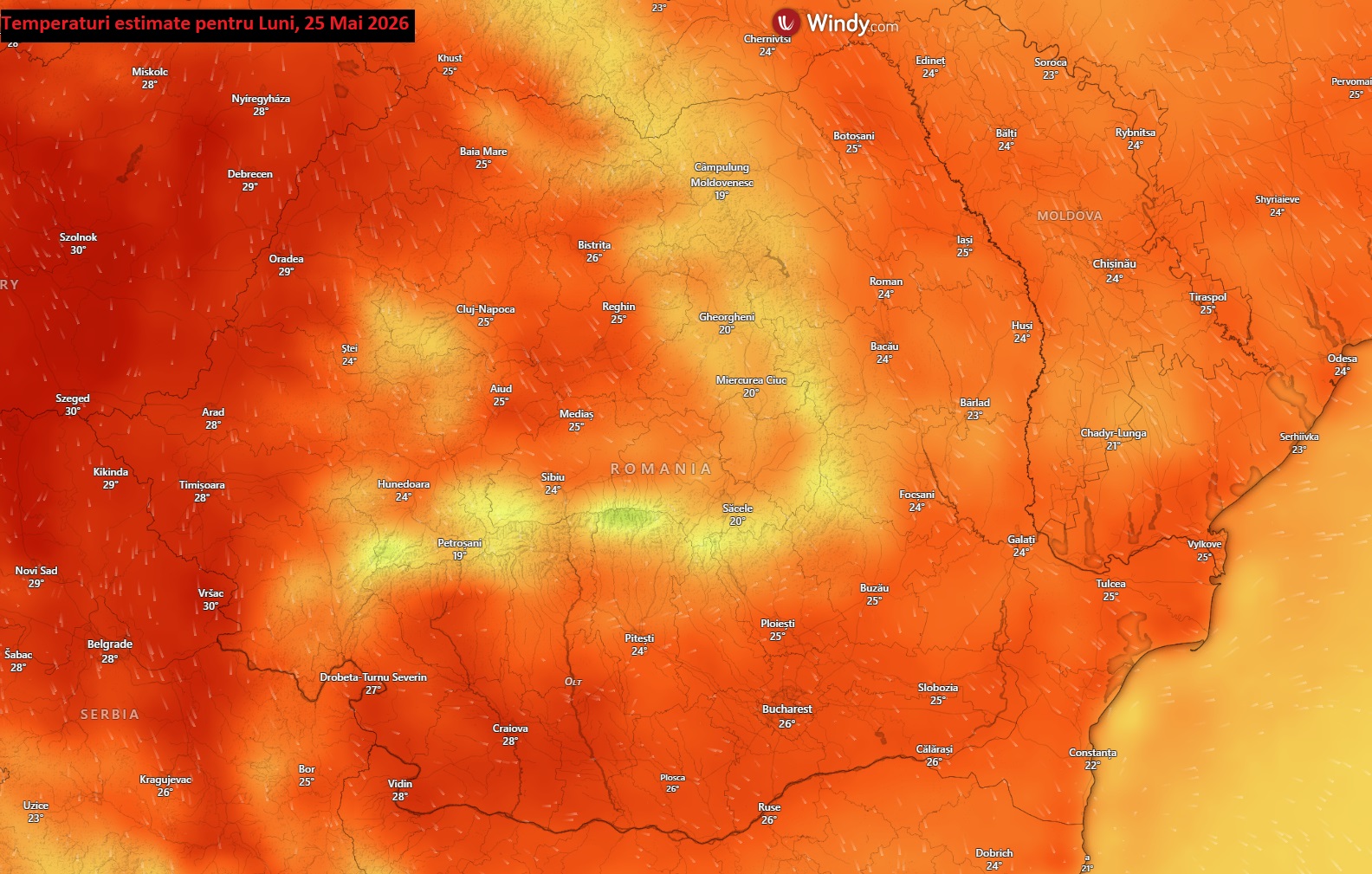 Temperaturi estimate pentru Luni, 25 Mai 2026