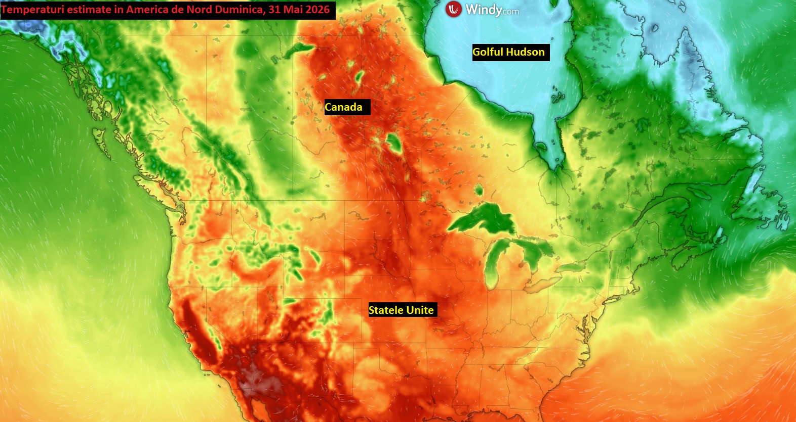 Temperaturi estimate in America de Nord Duminica, 31 Mai 2026