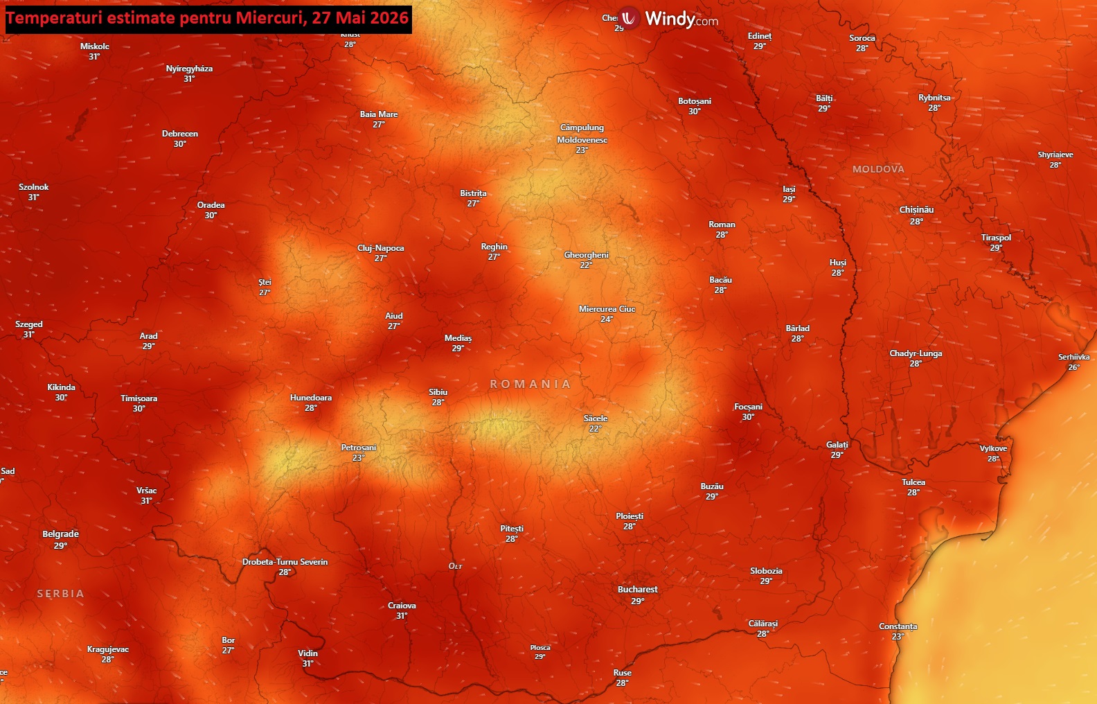 Temperaturi estimate pentru Miercuri, 27 Mai 2026