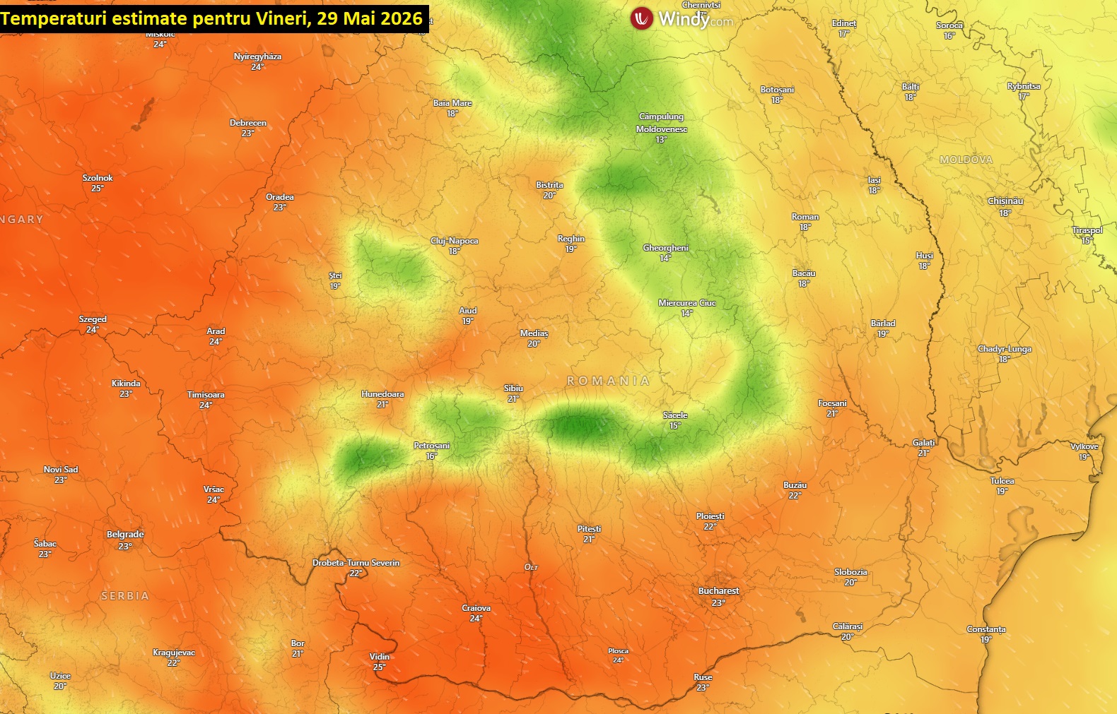 Temperaturi estimate pentru Vineri, 29 Mai 2026