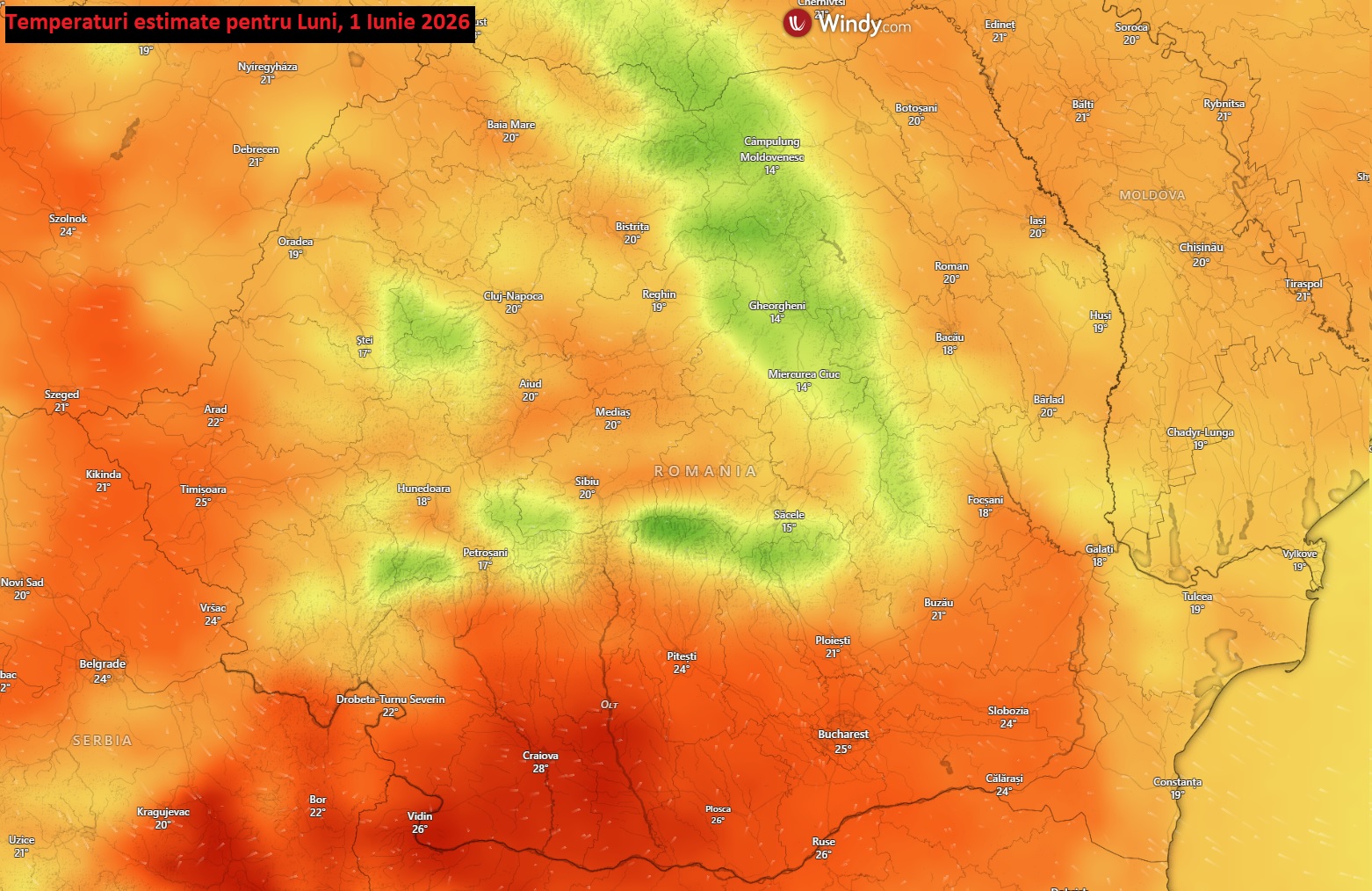 Temperaturi estimate pentru luni, 1 iunie 2026