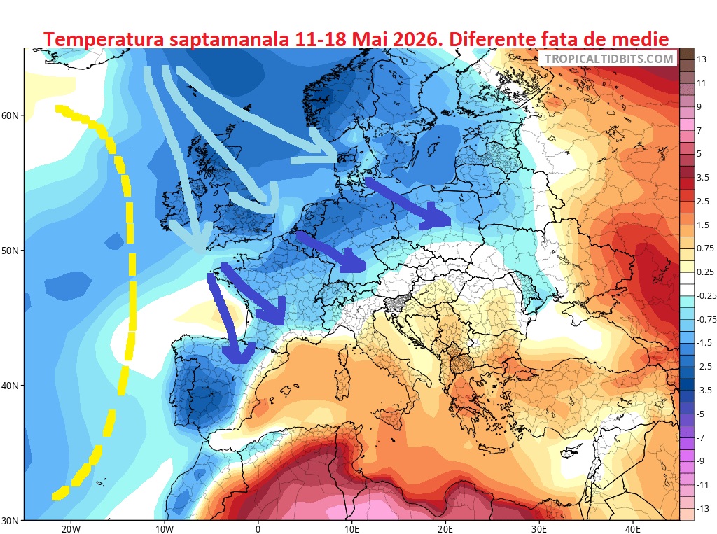 Temperatura saptamanala pentru intervalul 11-18 Mai 2026. Diferente fata de medie