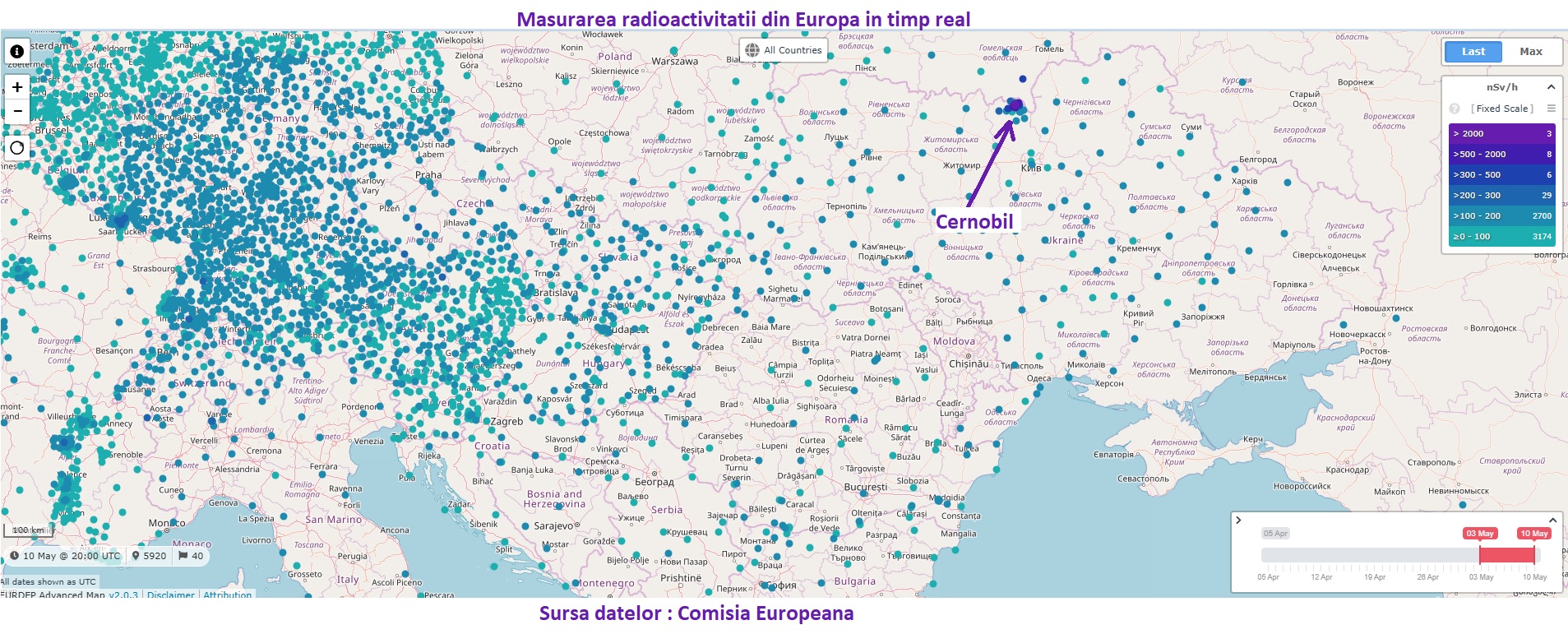 Valori de radioactivitate in Europa in data de 11 Mai, ora 00:30