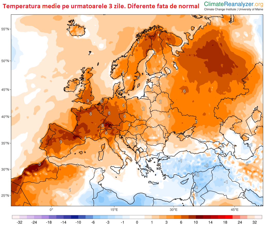 Temperatura medie in urmatoarele 3 zile. Diferente fata de medie