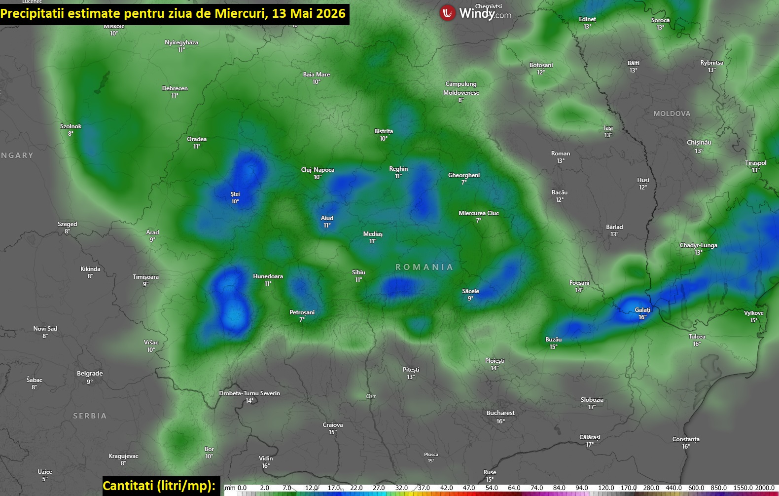 Cantități de precipitații estimate pentru Miercuri, 13 Mai 2026