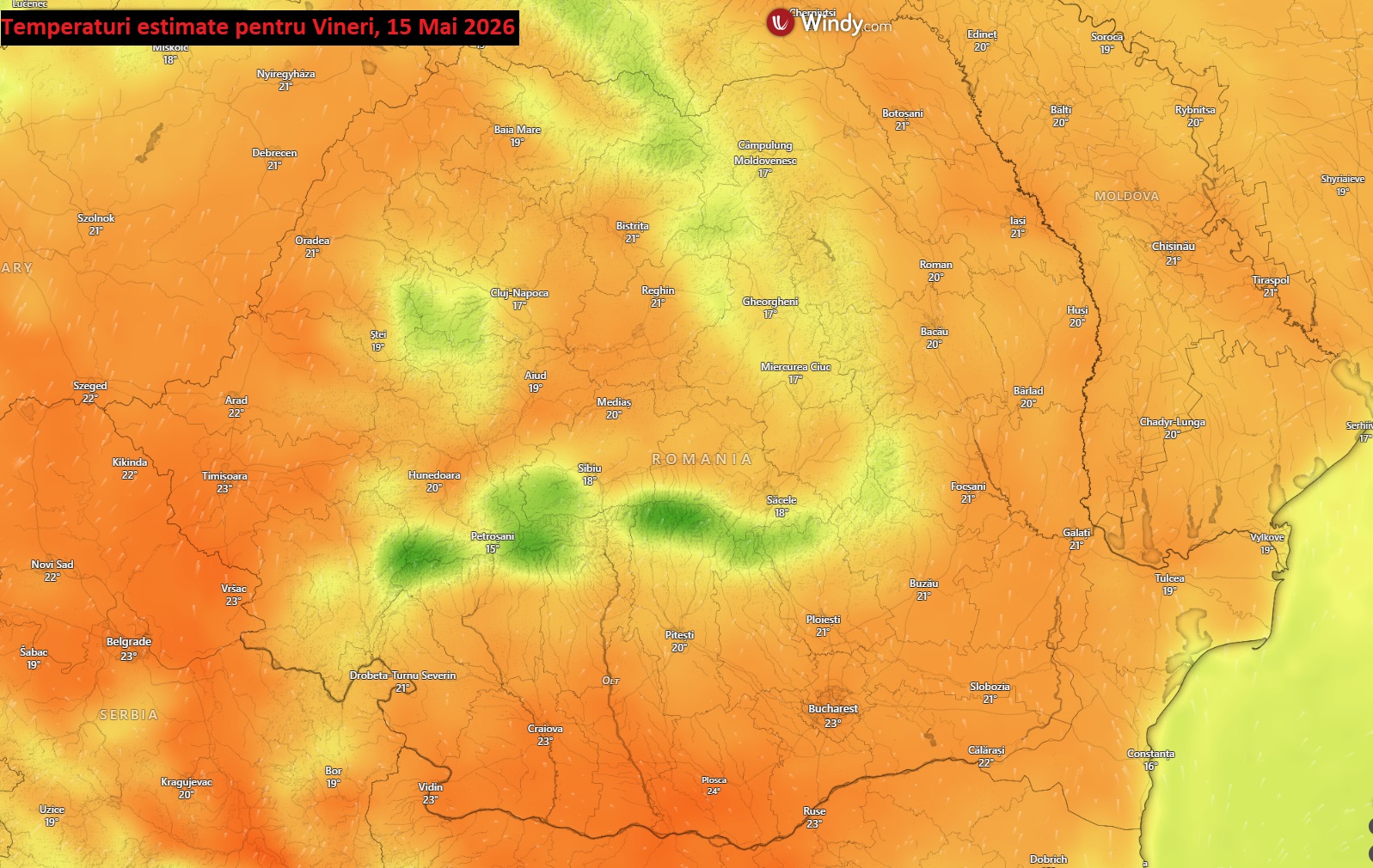 Temperaturi estimate pentru Vineri 15 Mai 2026
