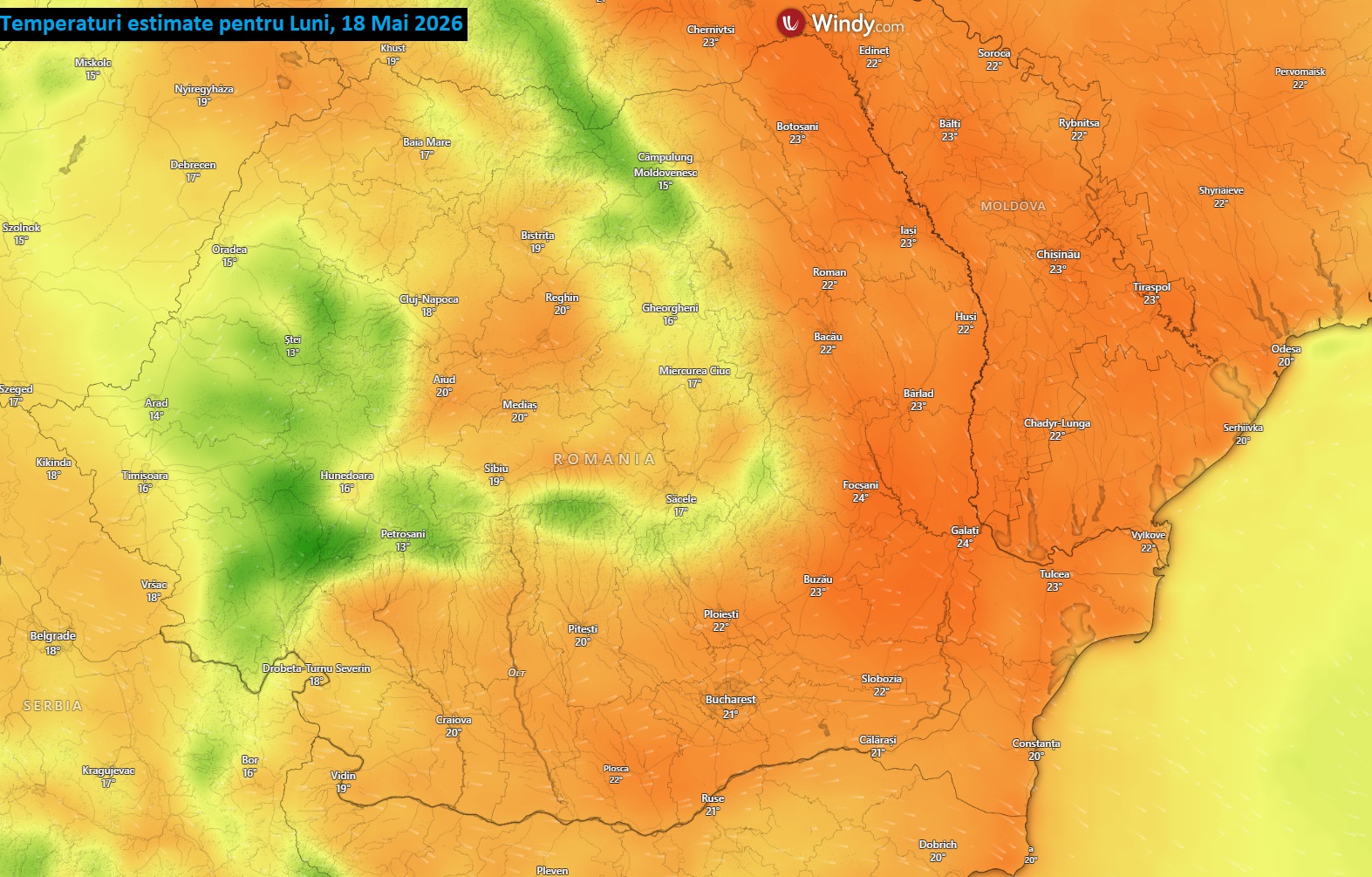 Temperaturi estimate pentru Luni, 18 Mai 2026