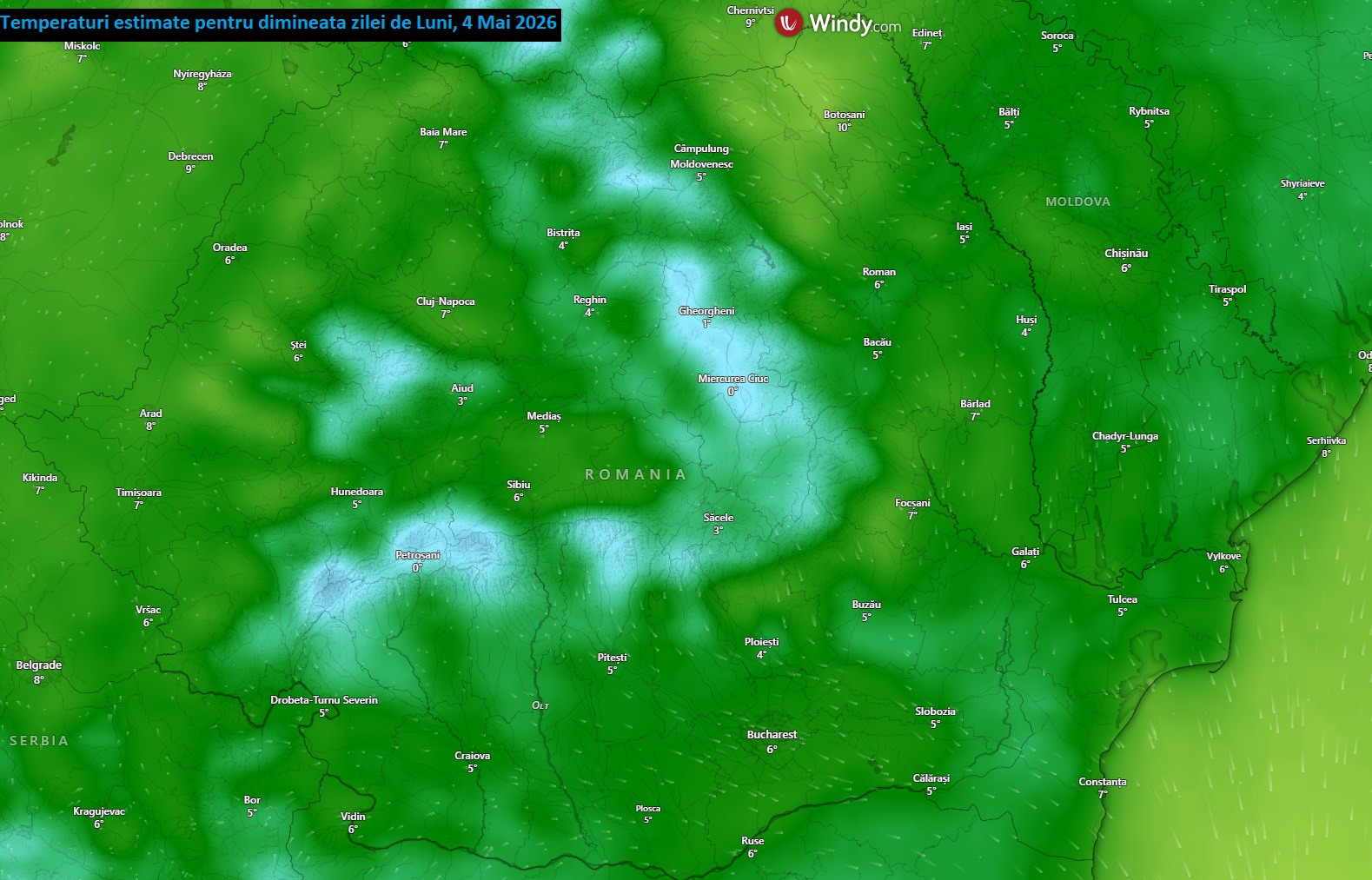 Temperaturi minime estimate pentru dimineața zilei de luni, 4 mai 2026