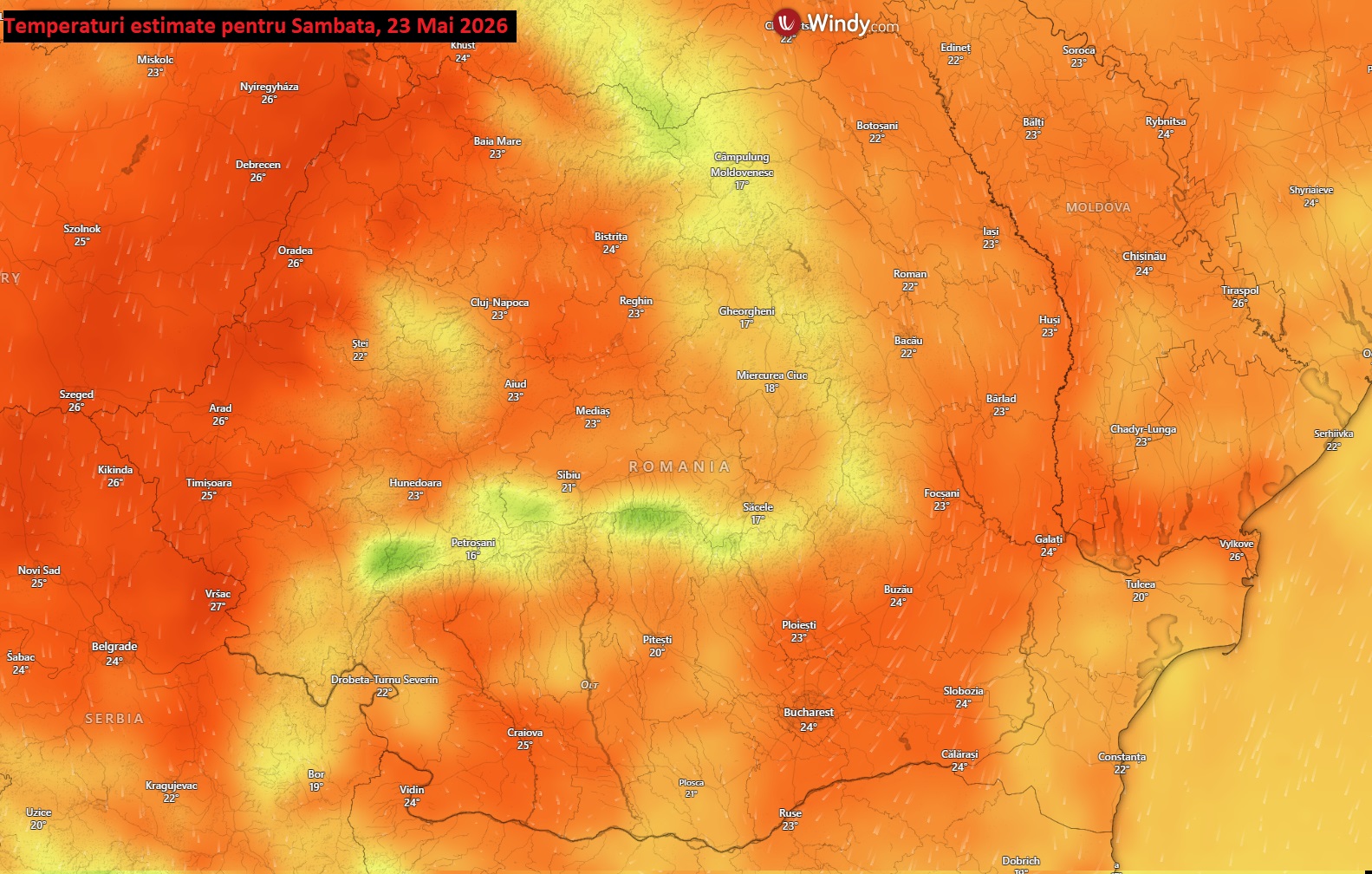 Temperaturi estimate pentru sâmbătă, 23 mai 2026