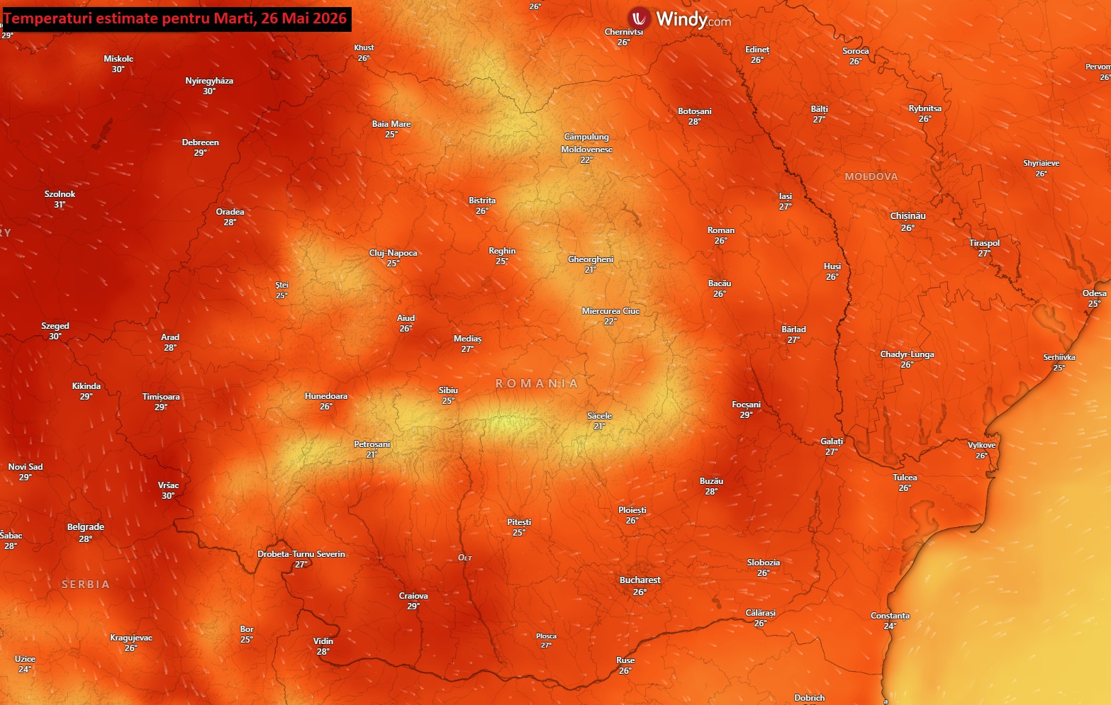 Temperaturi estimate pentru Marți, 26 Mai 2026