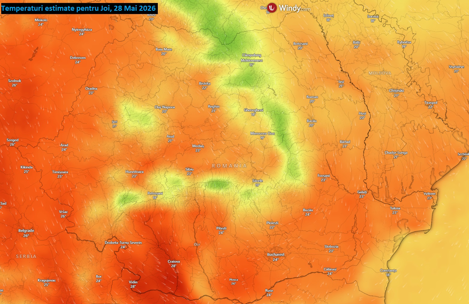 Temperaturi estimate pentru joi, 28 mai 2026