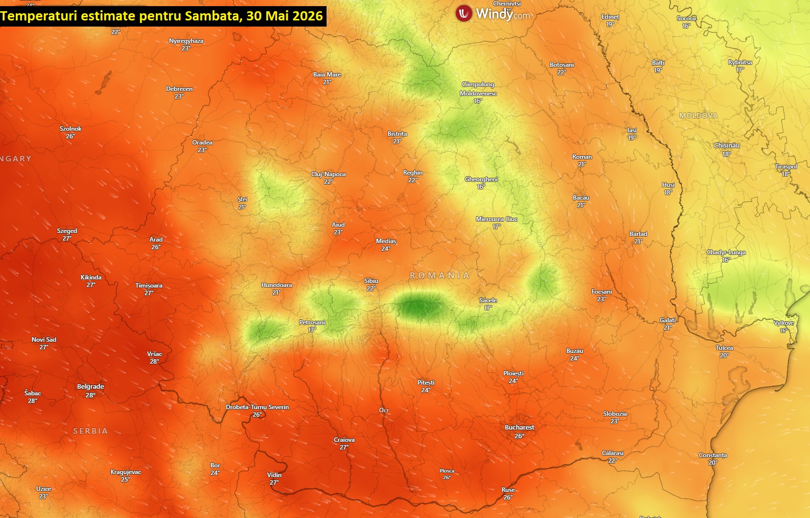 Temperaturi estimate pentru Sâmbătă, 30 Mai 2026