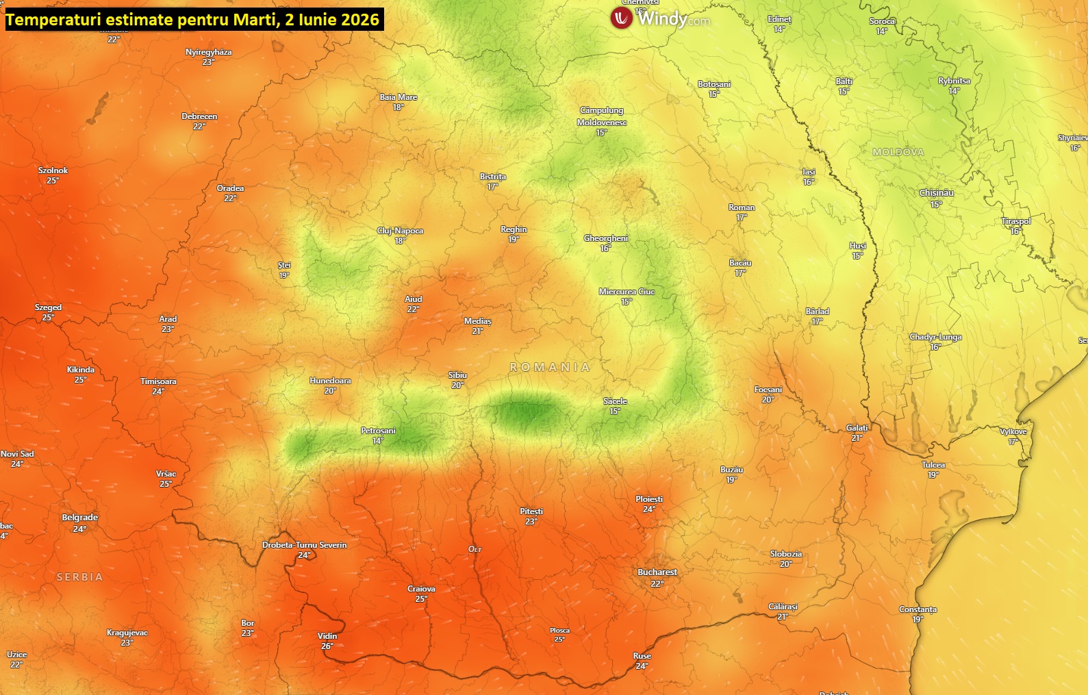 Temperaturi estimate pentru marți, 2 iunie 2026