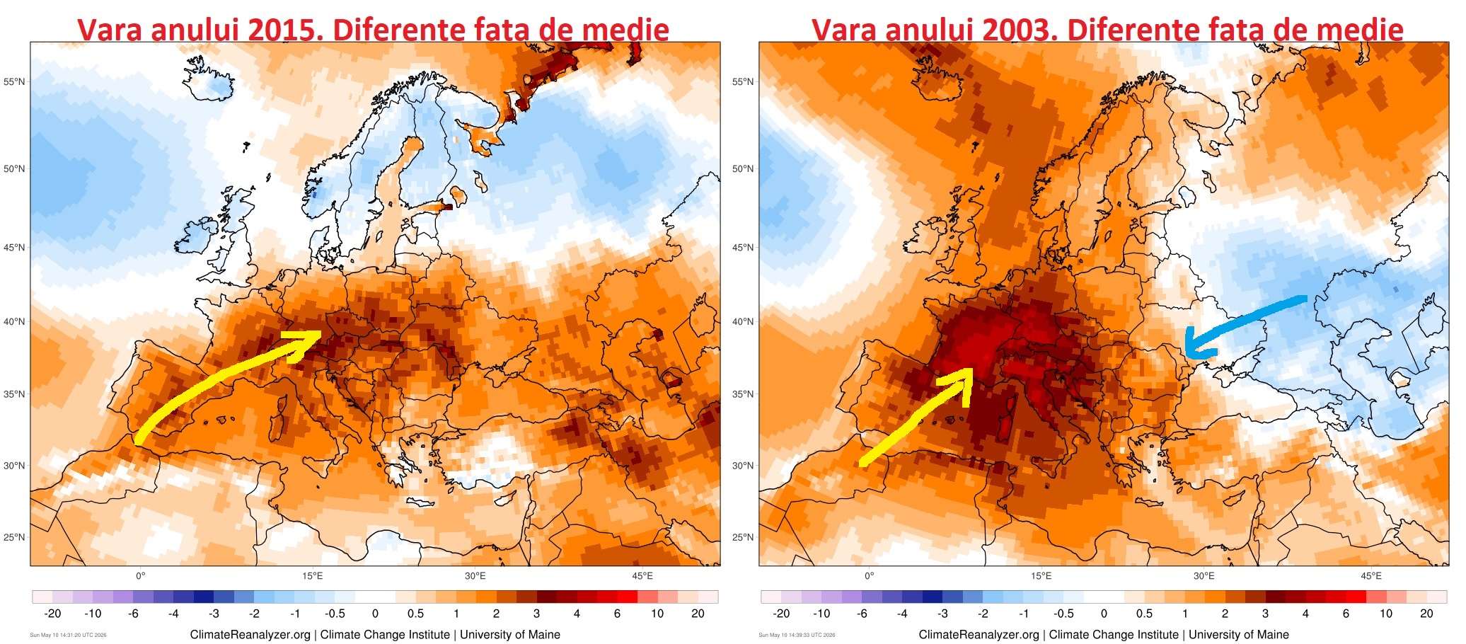 Temperatură. Diferențe față de normal în verile 2003 și 2015