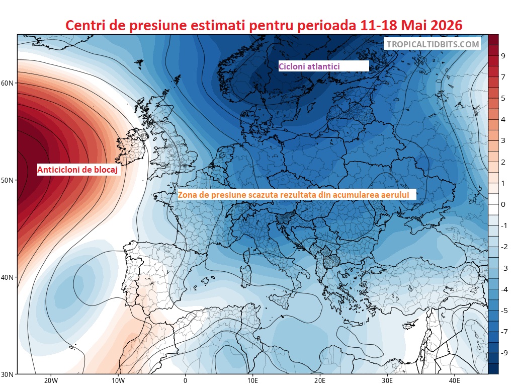 Centri de presiune estimați pentru perioada 11-18 Mai 2026
