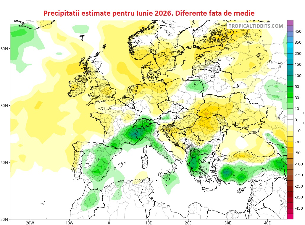 Precipitații estimate în iunie 2026. Diferențe față de normal