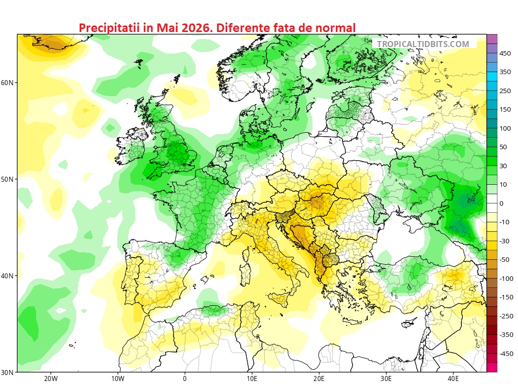 Precipitații estimate pentru mai 2026. Diferențe față de medie