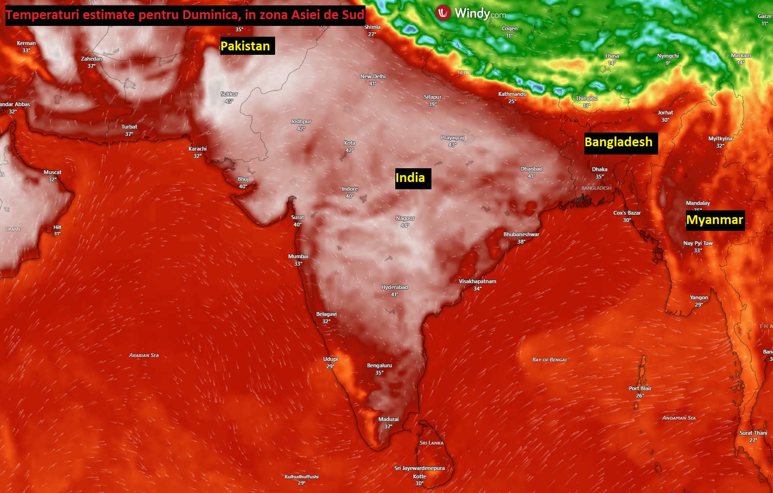 Temperaturi estimate in Asia de Sud in ziua de Duminica, 17 Mai 2026