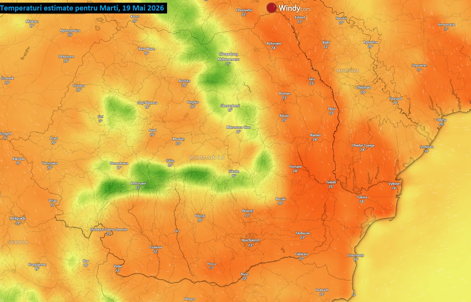 Temperaturi estimate pentru ziua de Marți, 19 Mai 2026