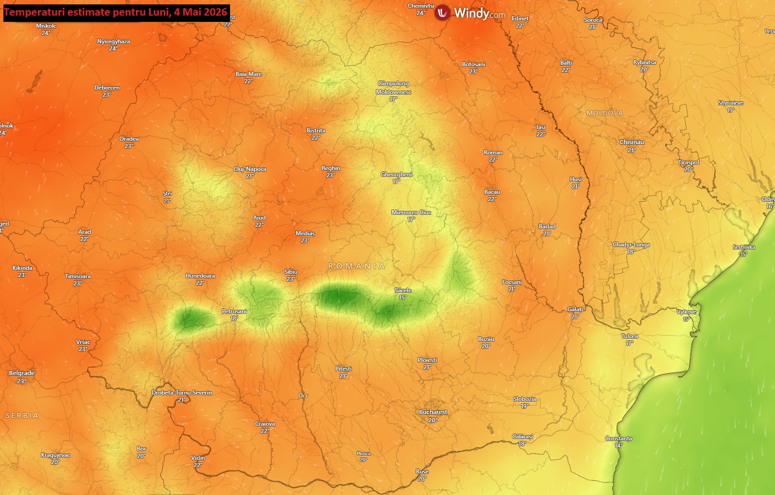 Temperaturi estimate pentru dimineața zilei de luni, 4 mai 2026