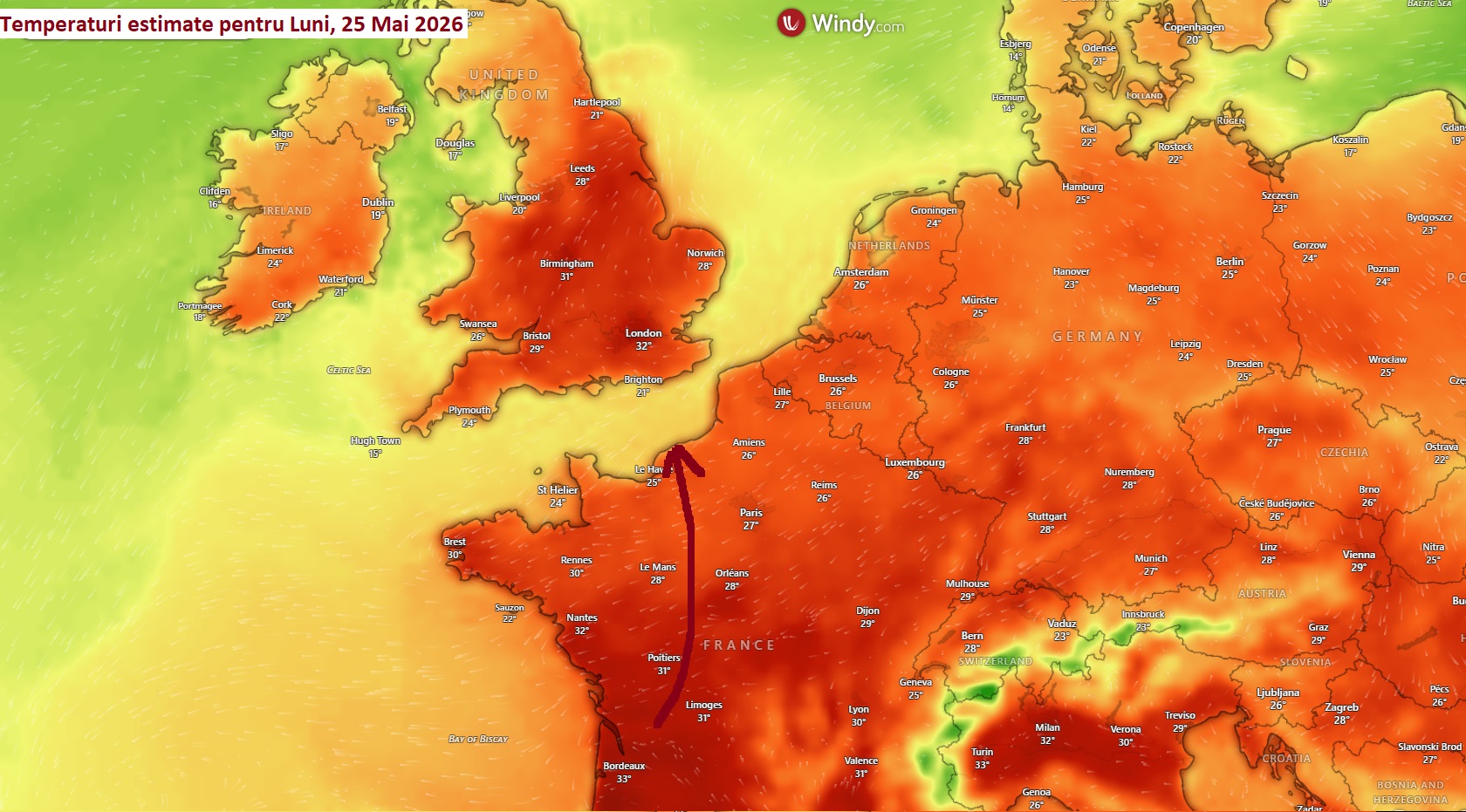 Temperaturi estimate pentru Vestul Europei in ziua de Luni, 25 Mai 2026