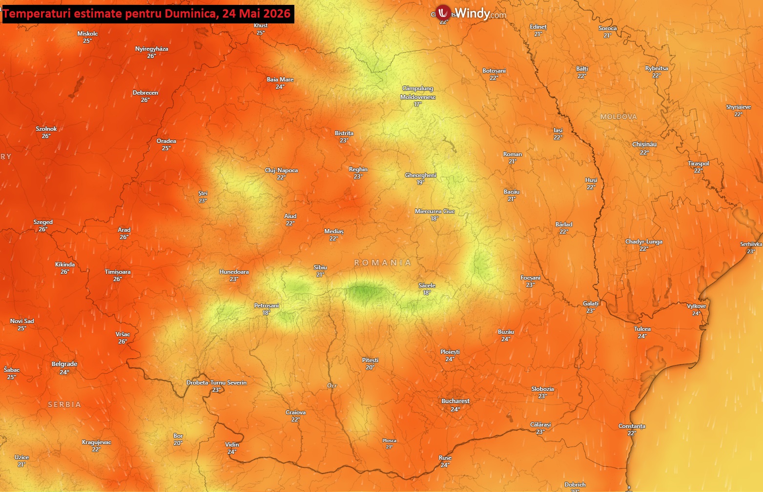 Temperaturi estimate pentru duminică, 24 mai 2026