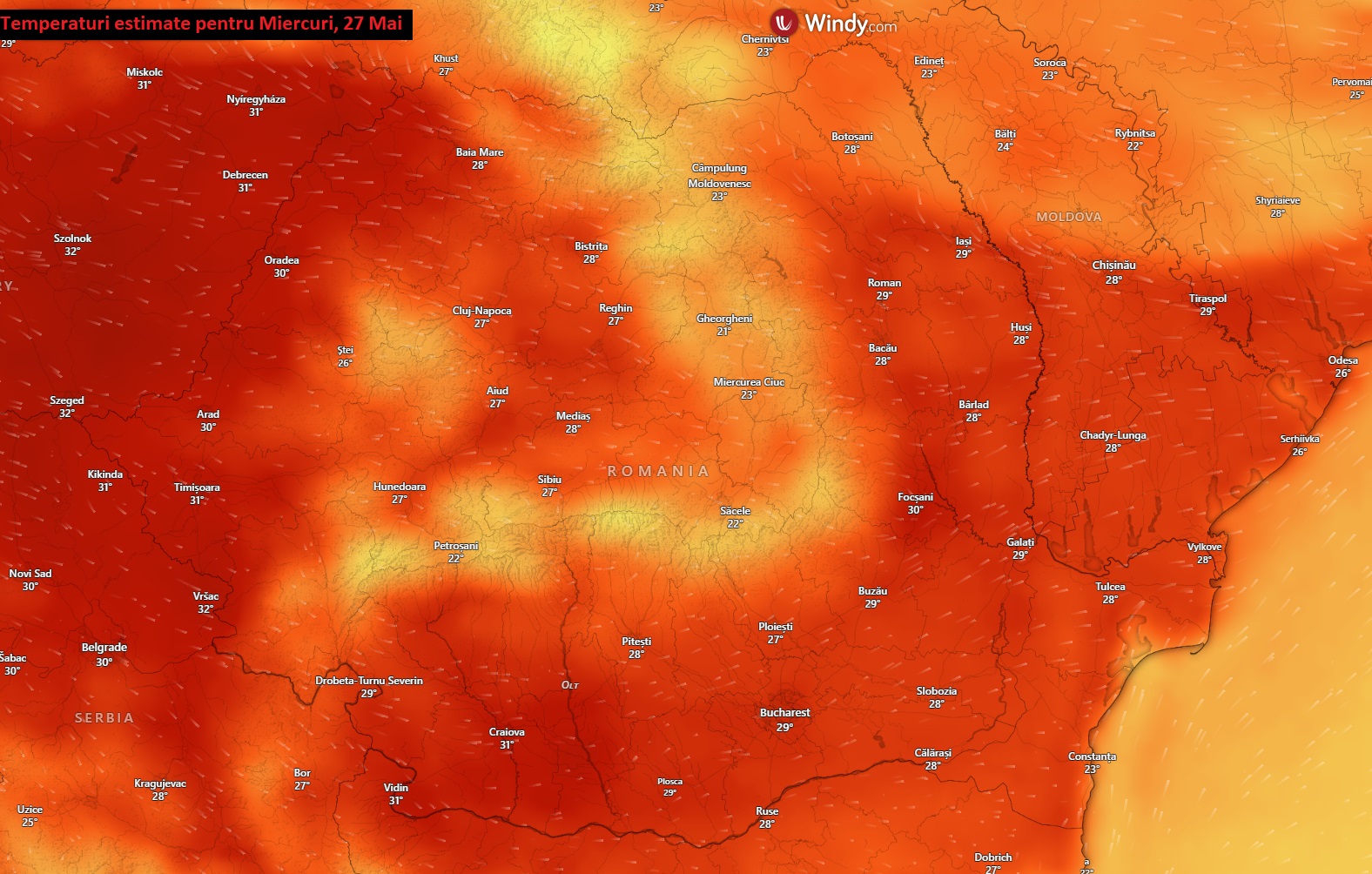 Temperaturi estimate pentru Miercuri, 27 Mai